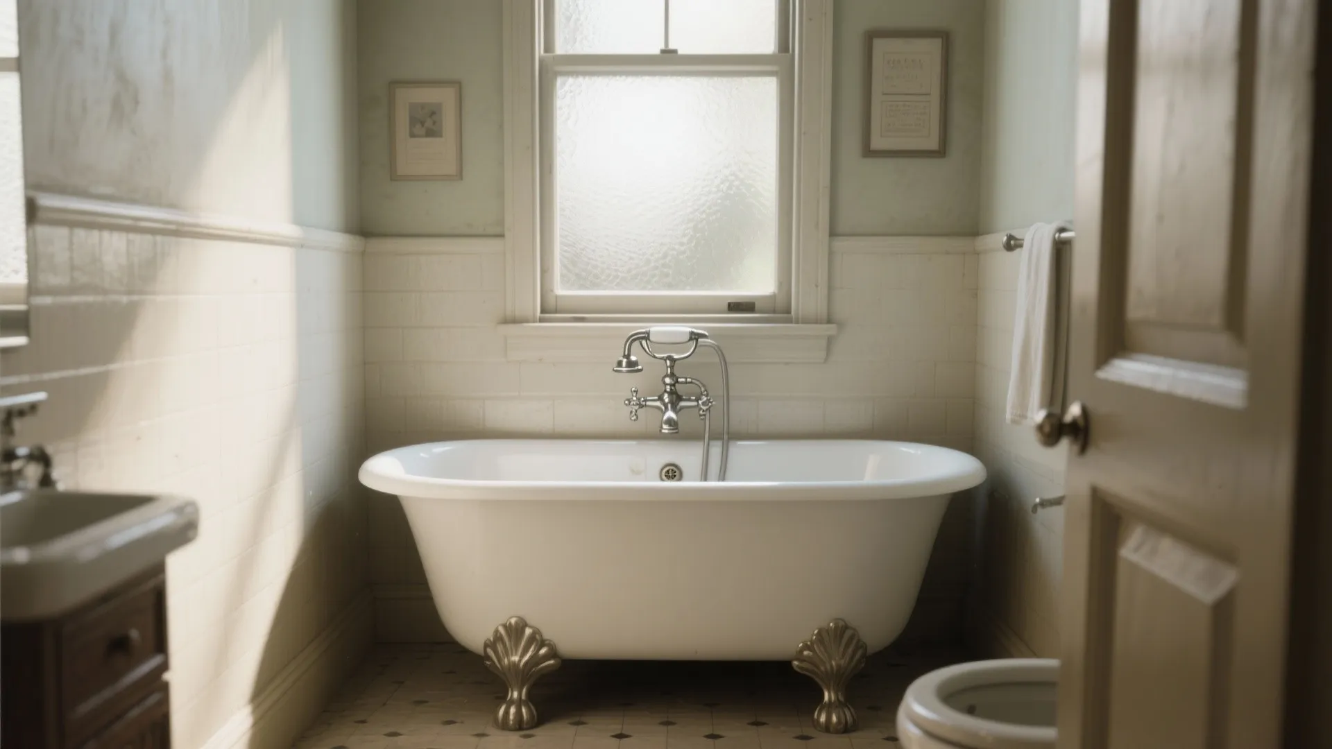 Vintage white bathtub with decorative metal feet placed under a window in a traditional bathroom