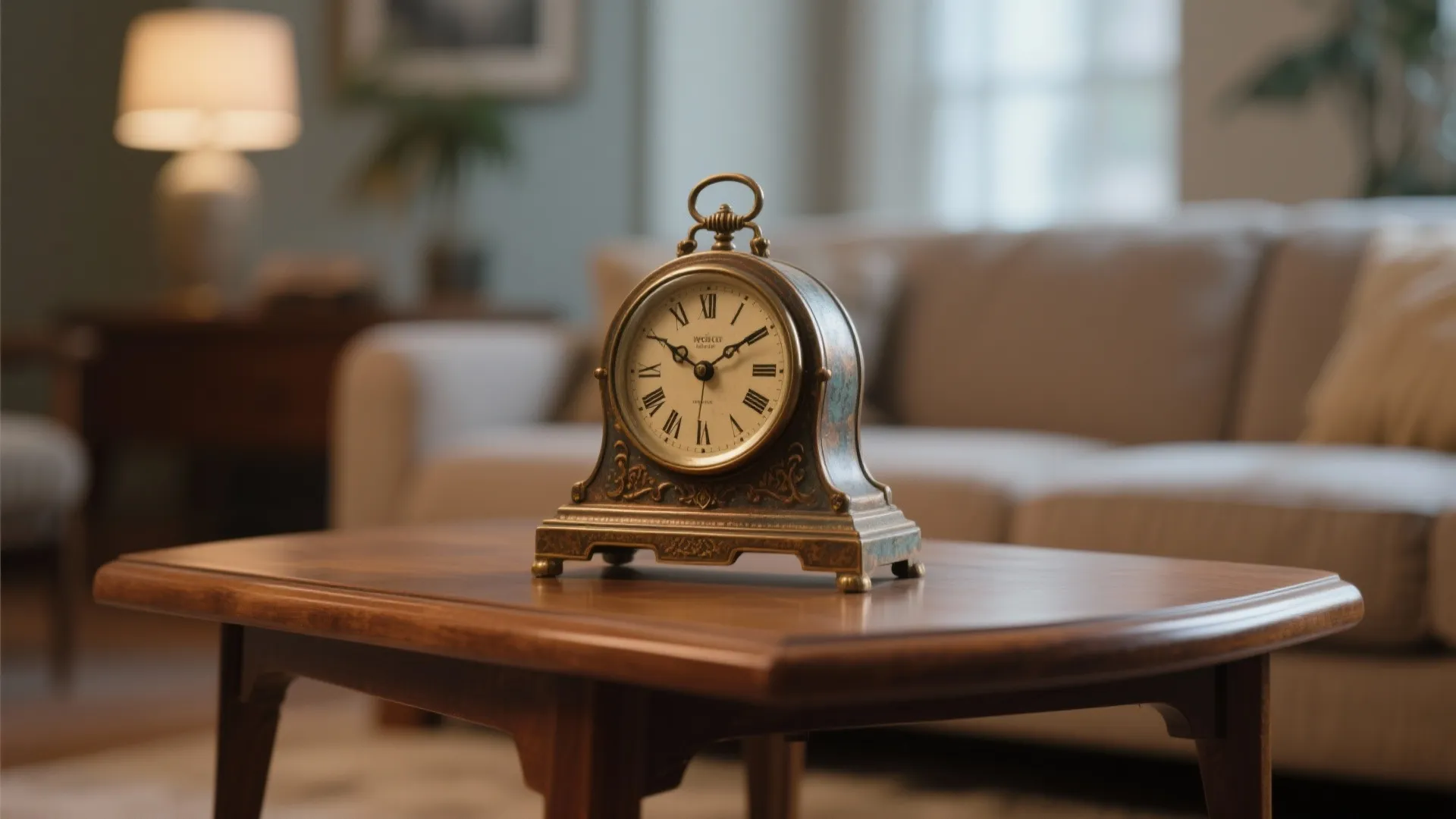 Vintage table clock placed on a wooden coffee table with a grey sofa in background
