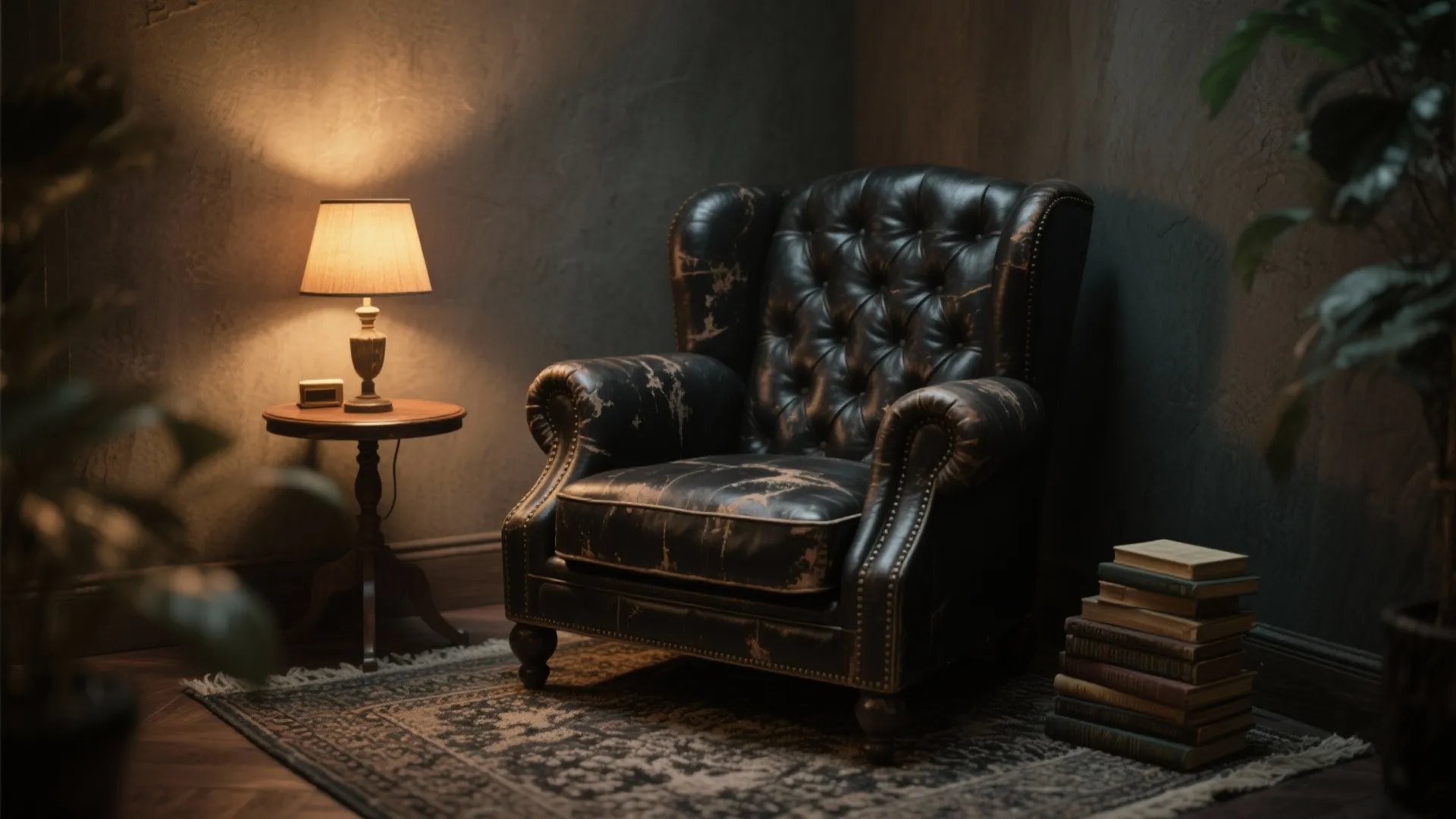 Vintage black leather sofa chair in dark room with small wooden table and table lamp