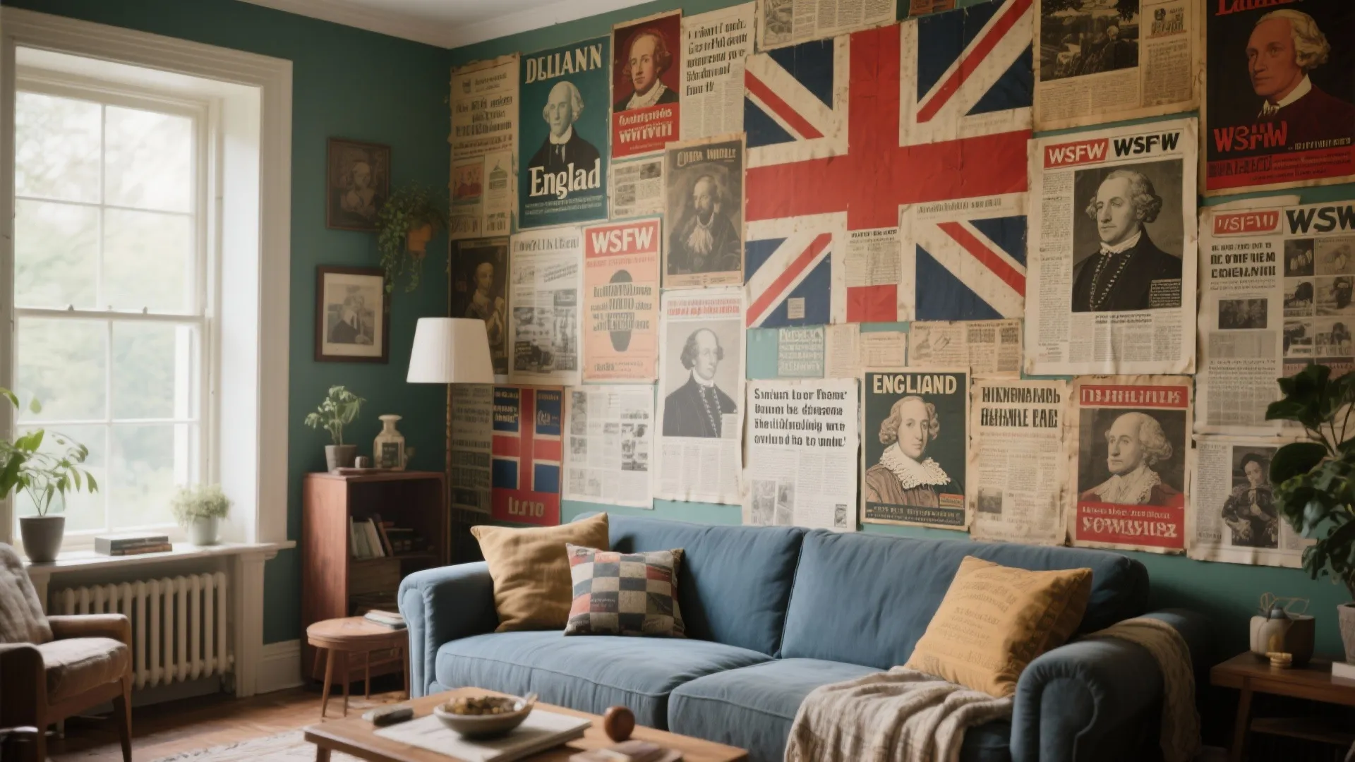 Vintage living room with blue sofa and wall covered in retro newspapers and posters design