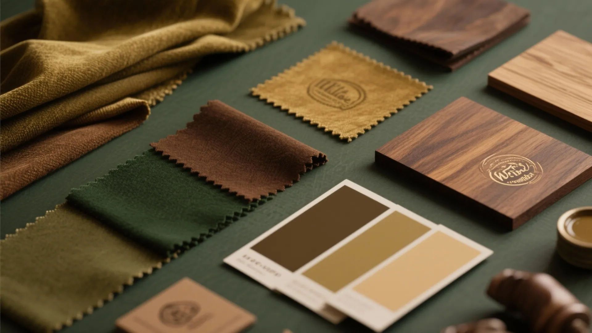 Interior design materials including fabric swatches wood samples and color cards on a green table