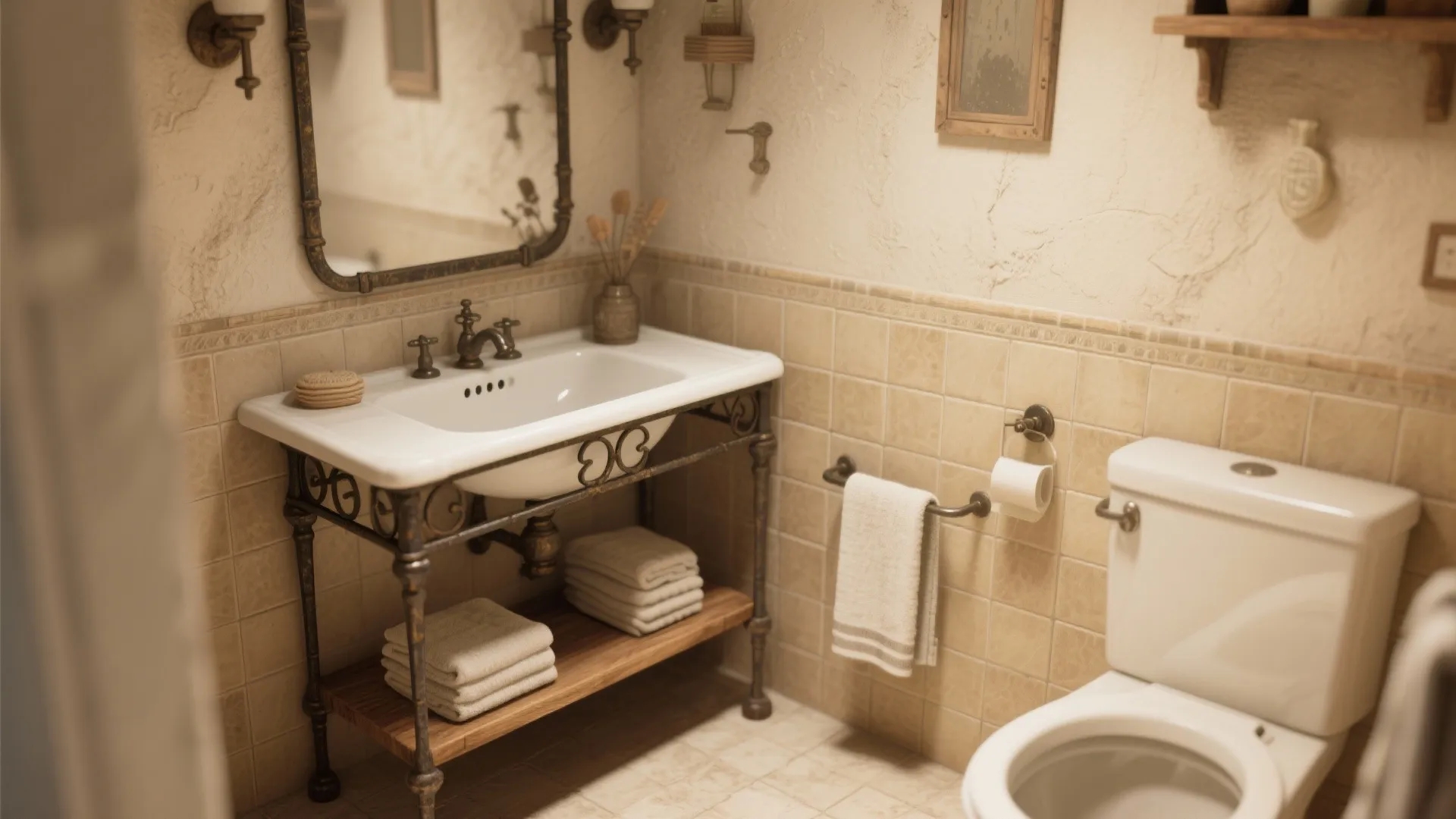 Vintage-style console sink with an open shelf holding folded towels for character and accessibility.