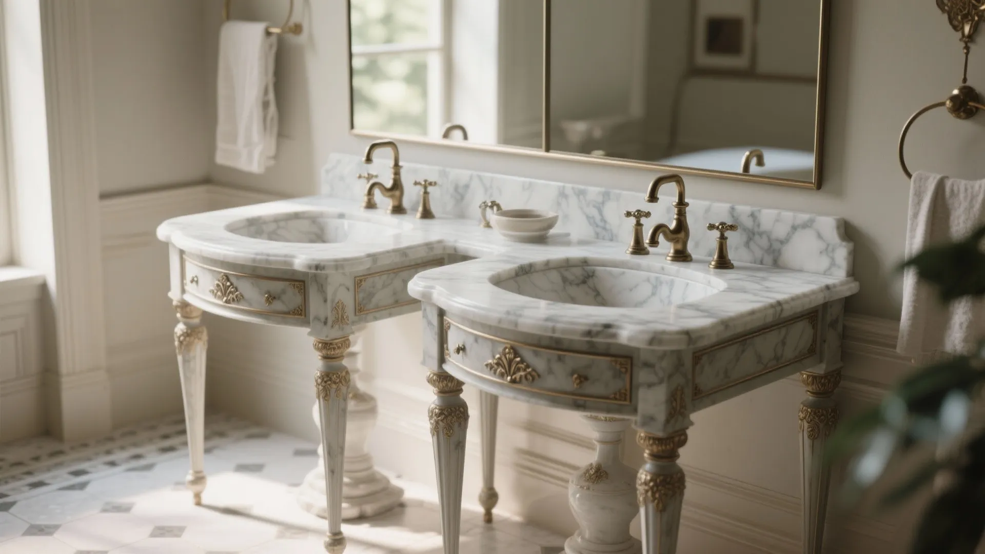 Vintage style bathroom with double marble sinks gold water taps large mirror and white towels