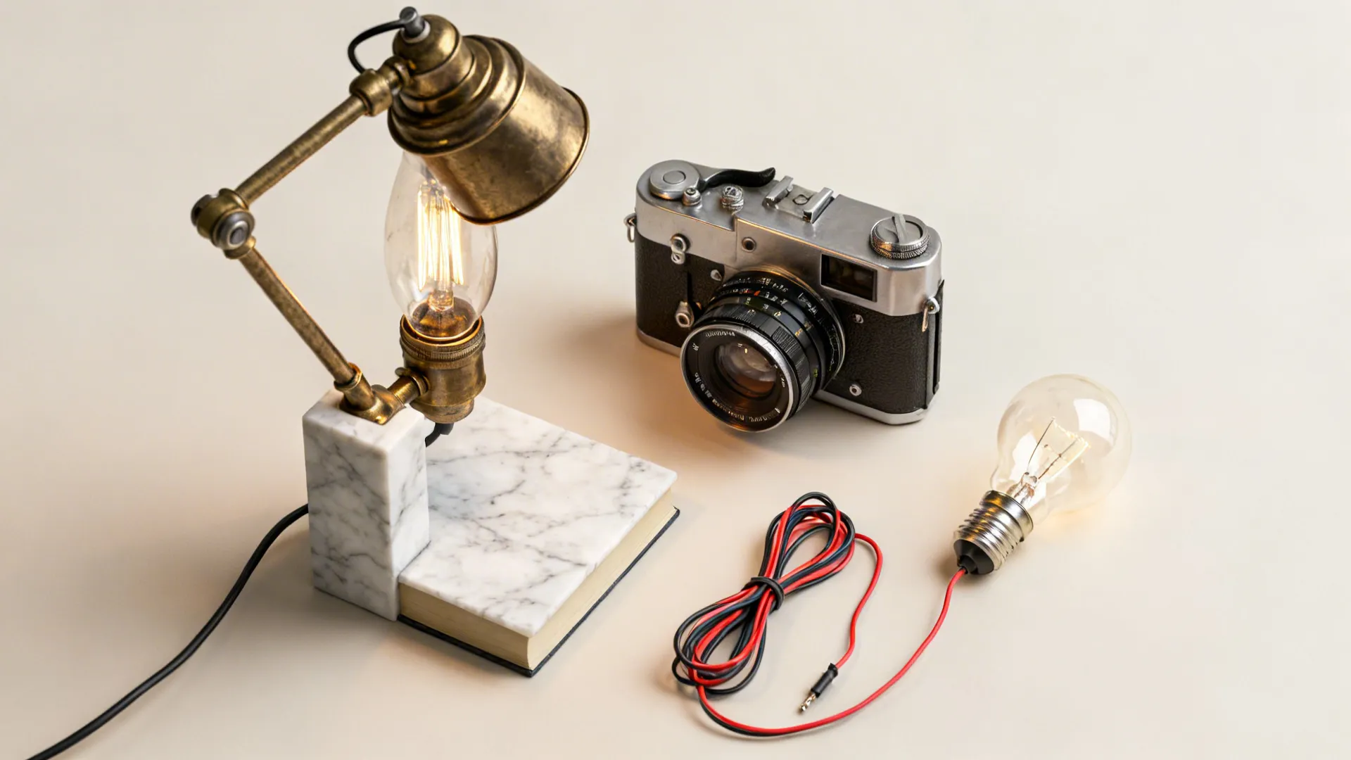 Materials and finished vintage-convert lamp made from a camera and marble bookend displayed in a flatlay.