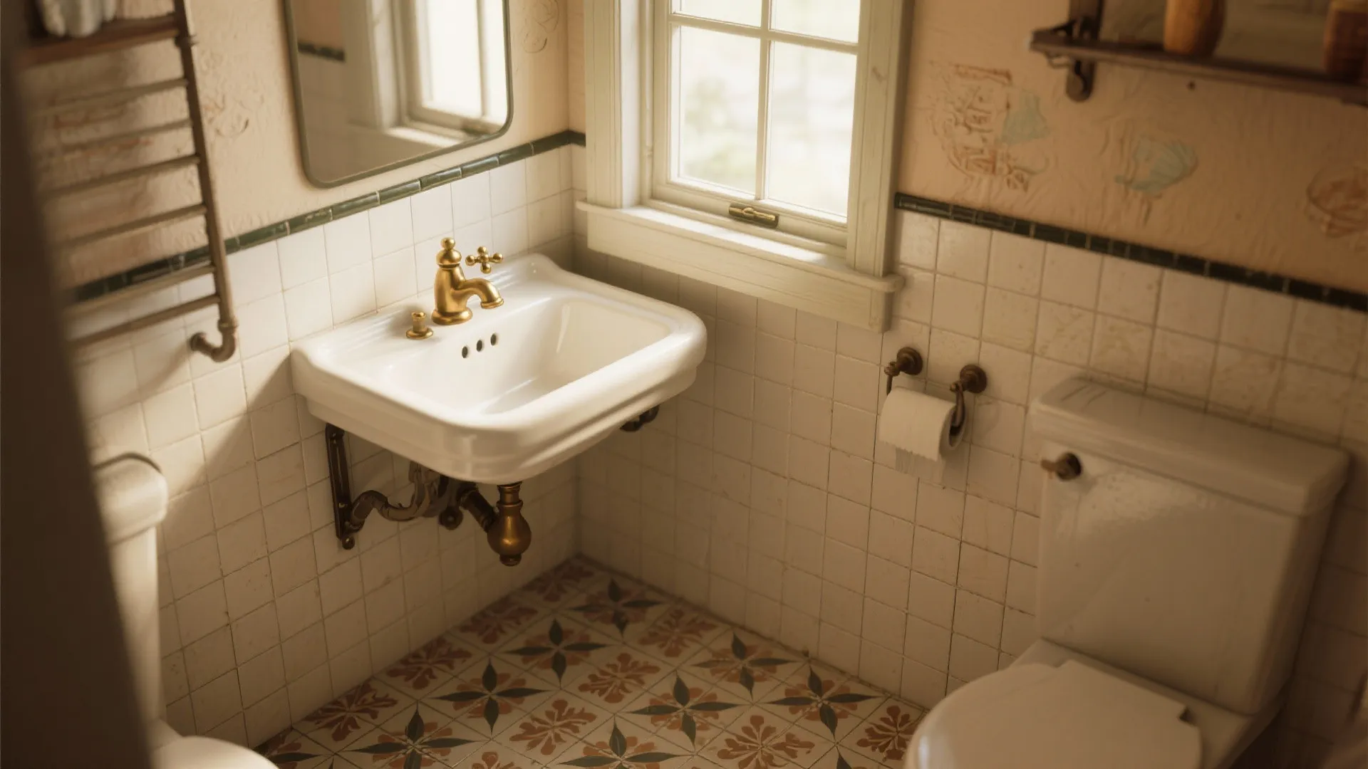 Vintage bathroom design with a white wall sink gold faucet patterned floor tiles and wooden window