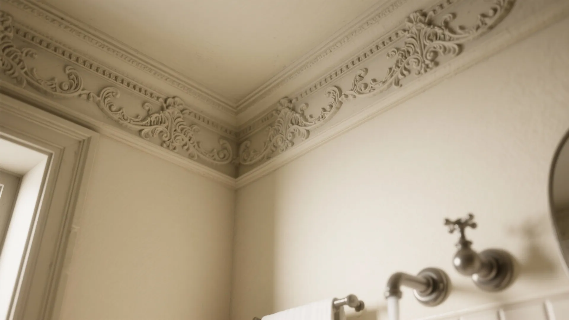 Ornate plaster coving in vintage bathroom