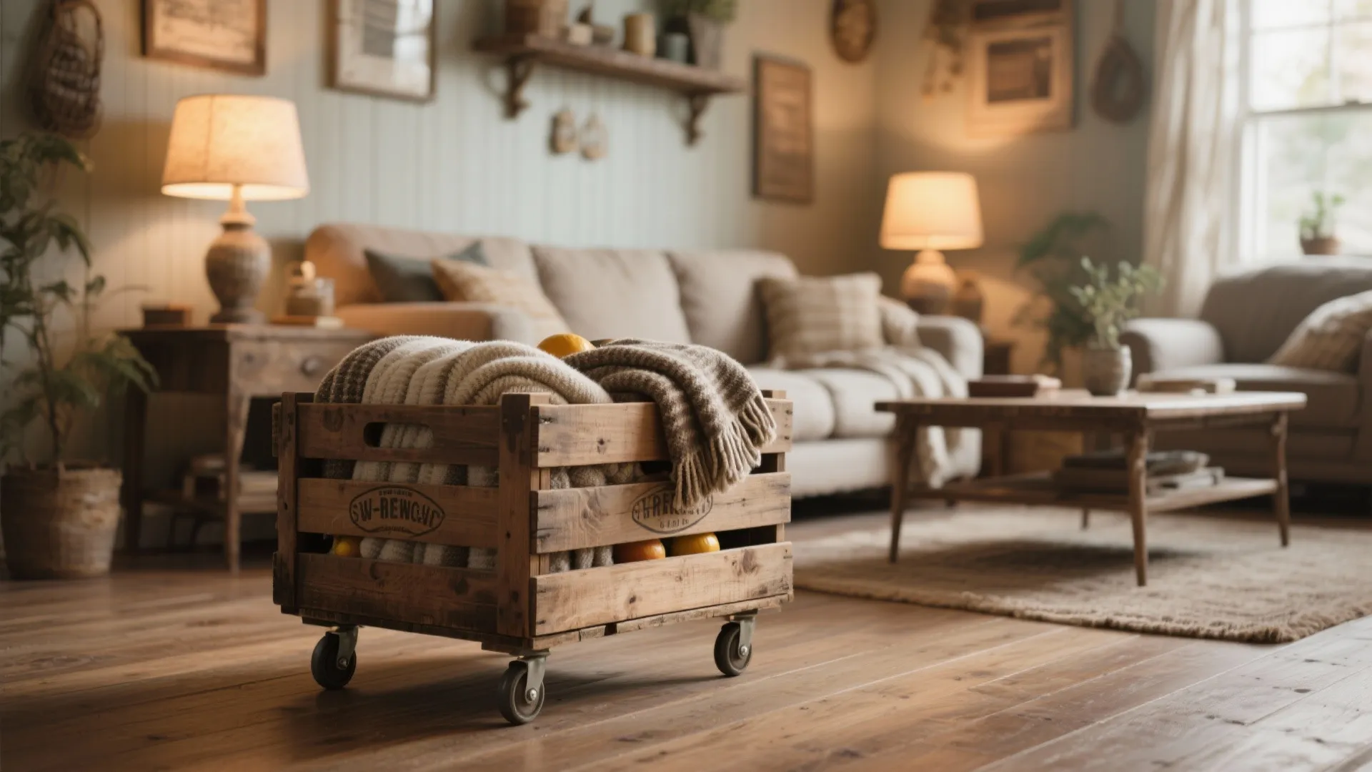 Vintage wooden crate on wheels holding blankets and oranges on wood floor in living room
