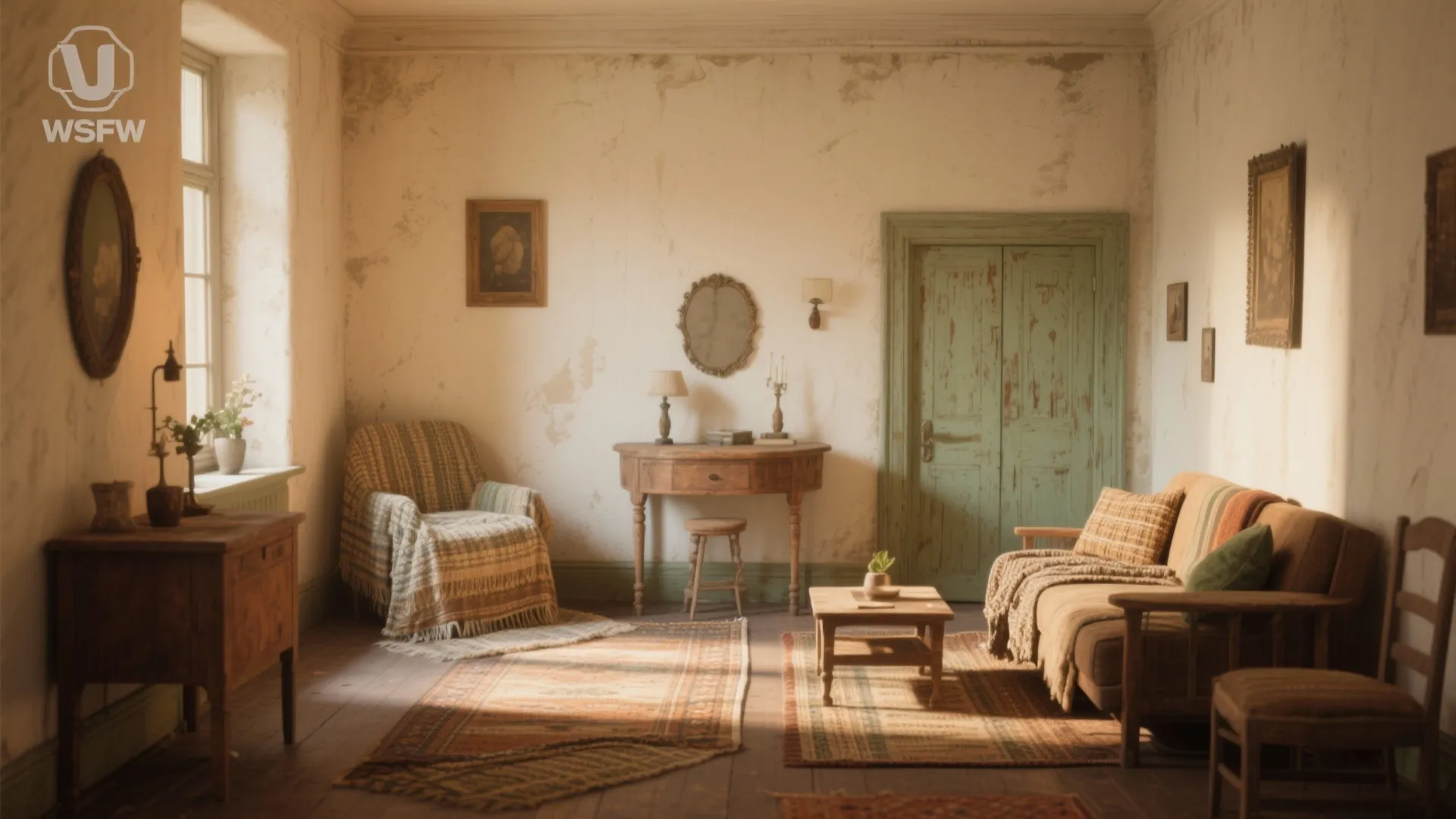 Rustic living room with distressed green door, wooden furniture, striped sofa, armchair, mirrors, and natural light