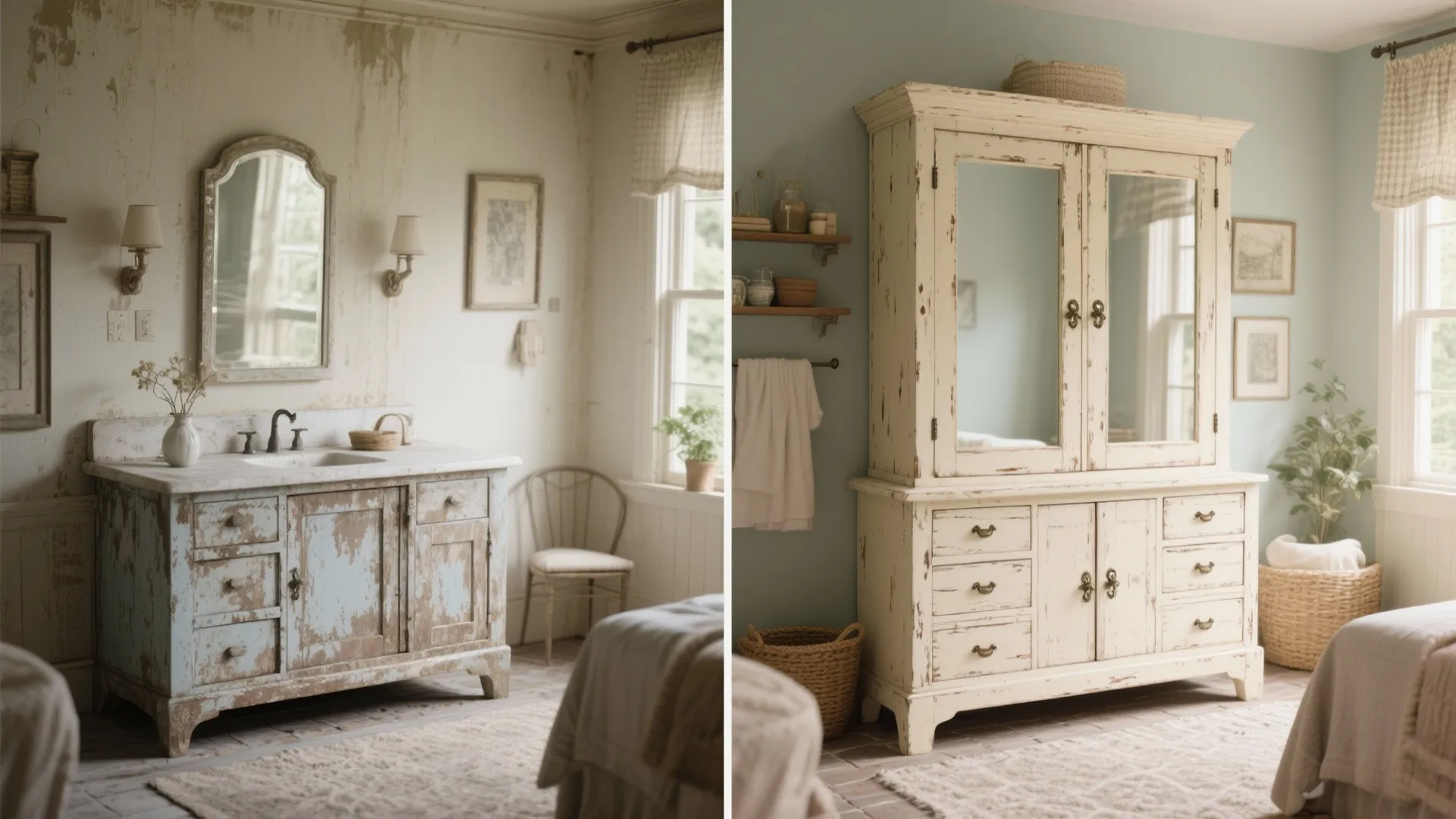 5. Vintage cream with subtle distressing and inset mirrors