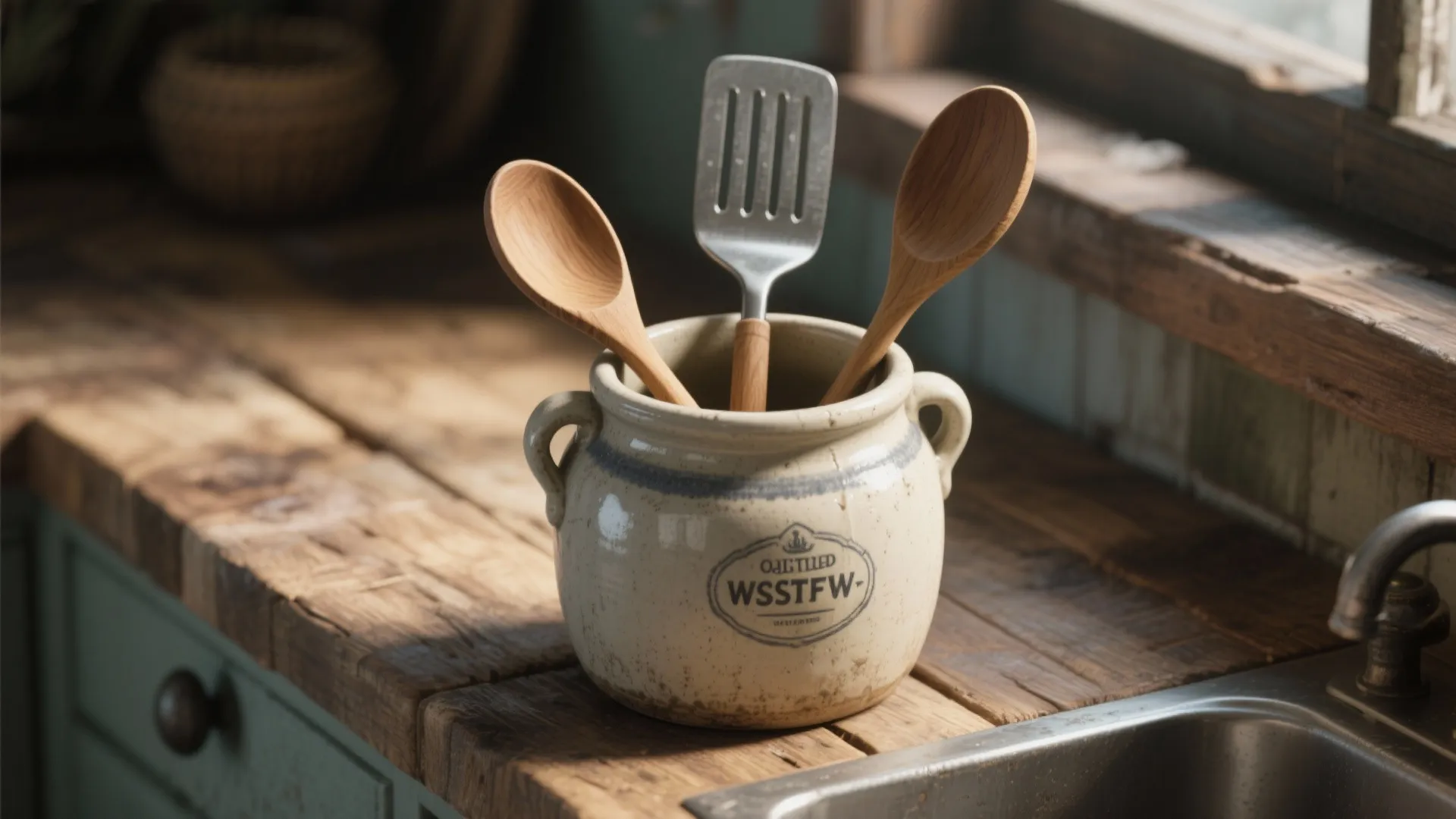 Rustic ceramic jar holding wooden spoons and metal spatula sitting on a wooden kitchen counter