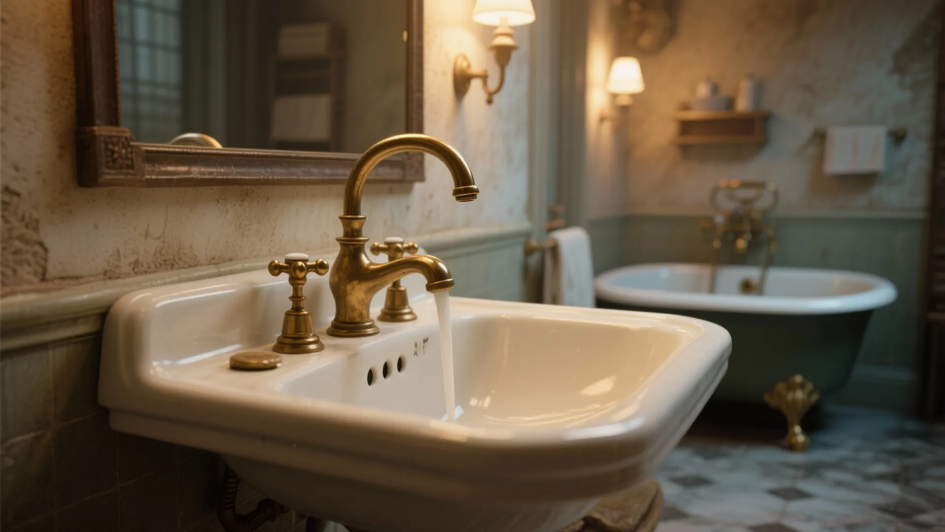 Vintage gold bathroom faucet with cross handles on white sink in a classic style interior