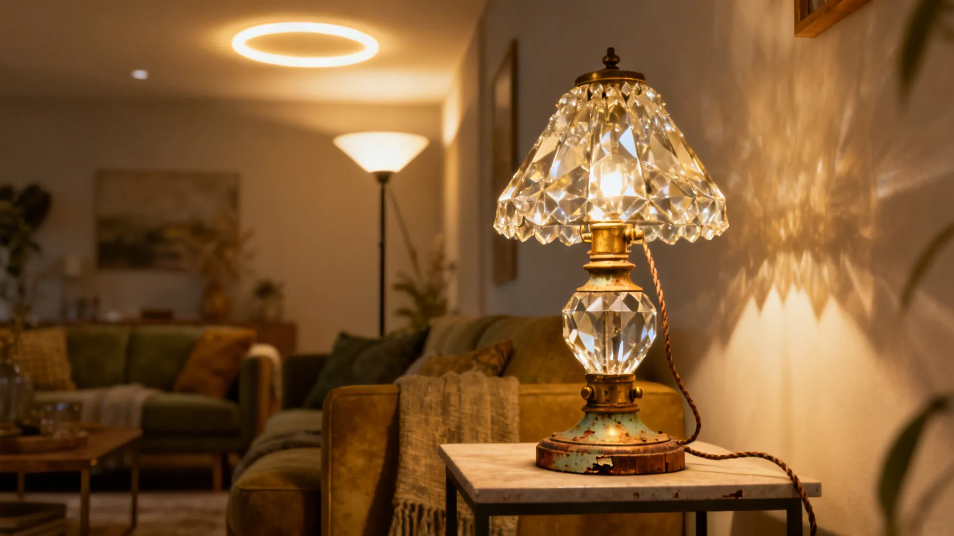 Cozy living room corner with a restored vintage crystal lamp as a statement accent on an accent table.