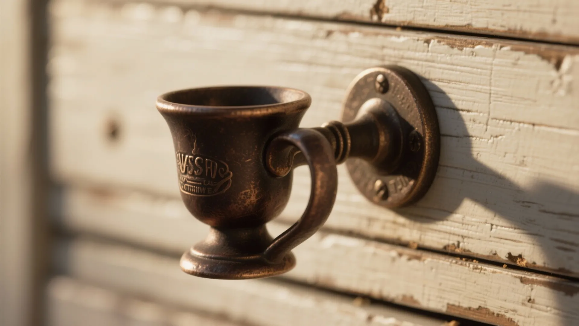 Close up view of a small bronze metal handle shaped like a cup on wood