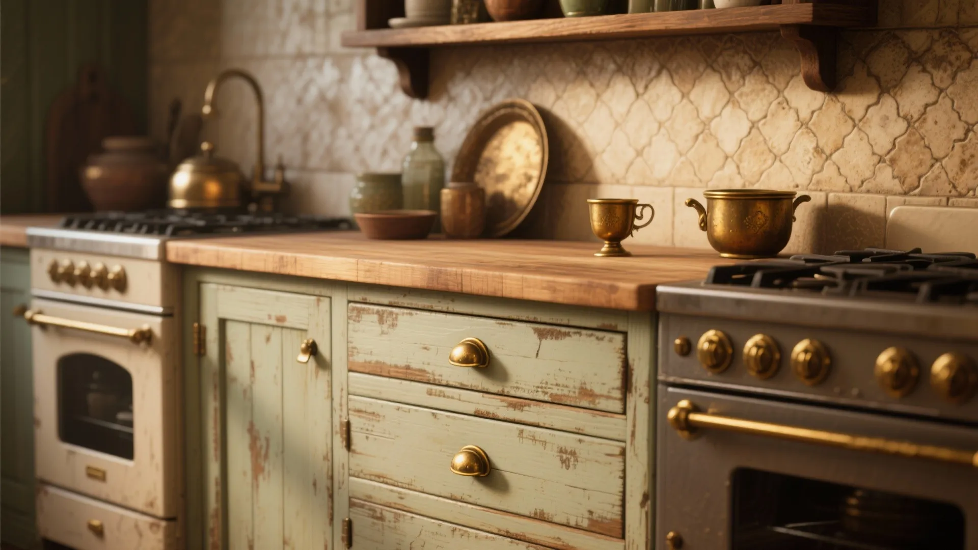 Vintage kitchen with green cabinets and gold handles featuring a wooden countertop and brass kettle