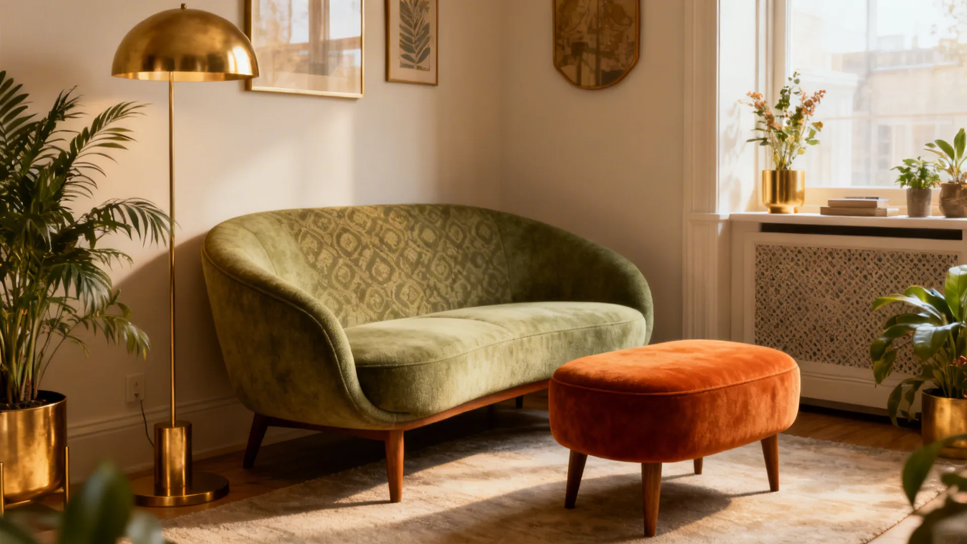 Curved sage green loveseat with a mid-century burnt orange ottoman in a cozy small apartment corner.