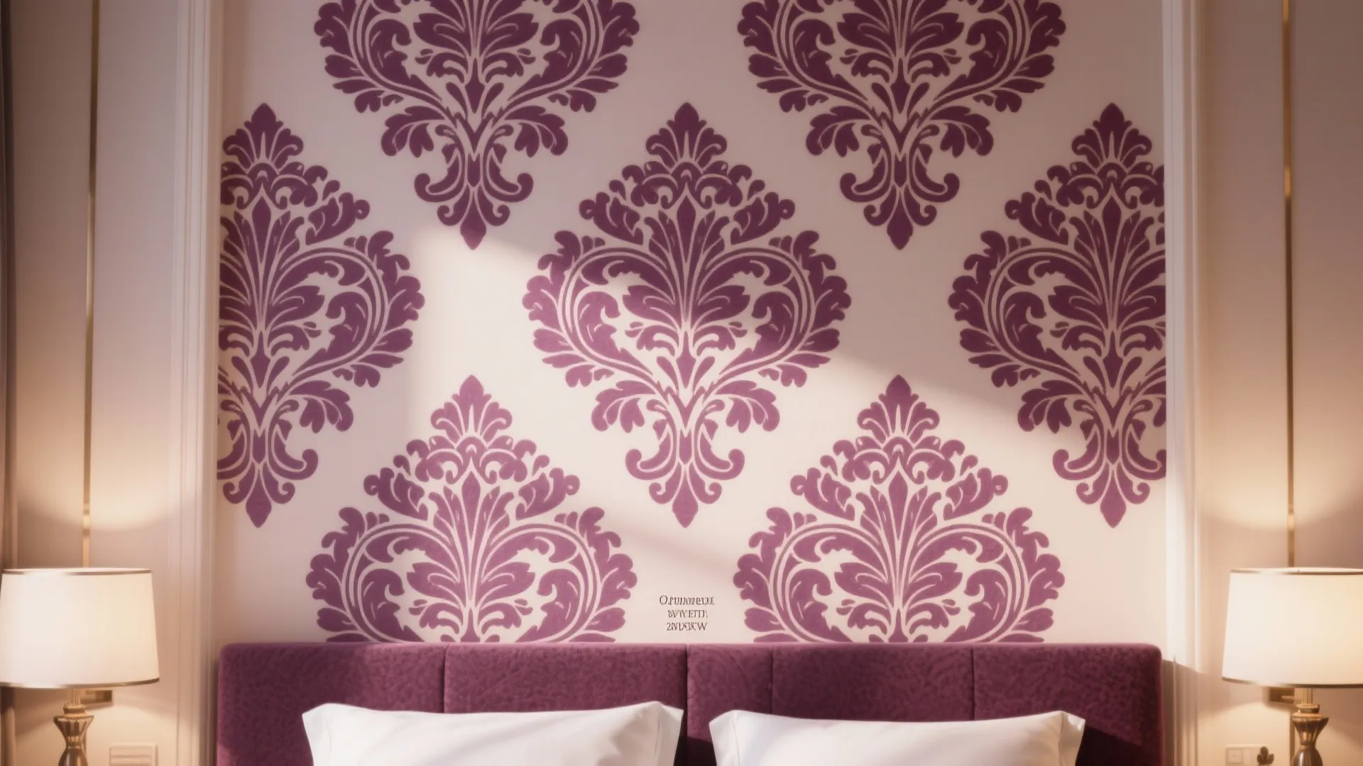 Bedroom headboard with white pillows and wall featuring large purple classic floral stencil pattern designs