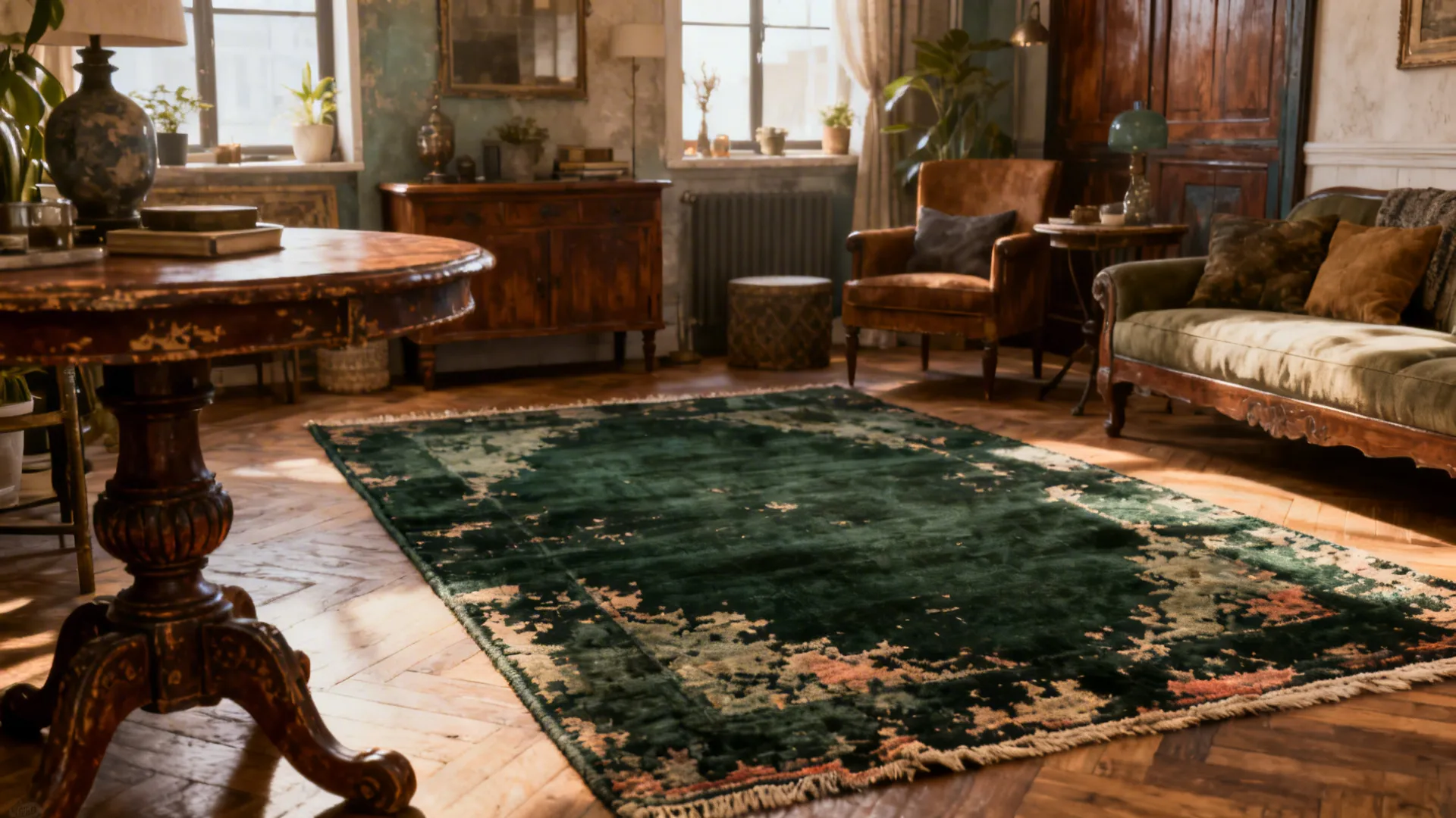 Eclectic living room anchored by a distressed dark green vintage rug with character.