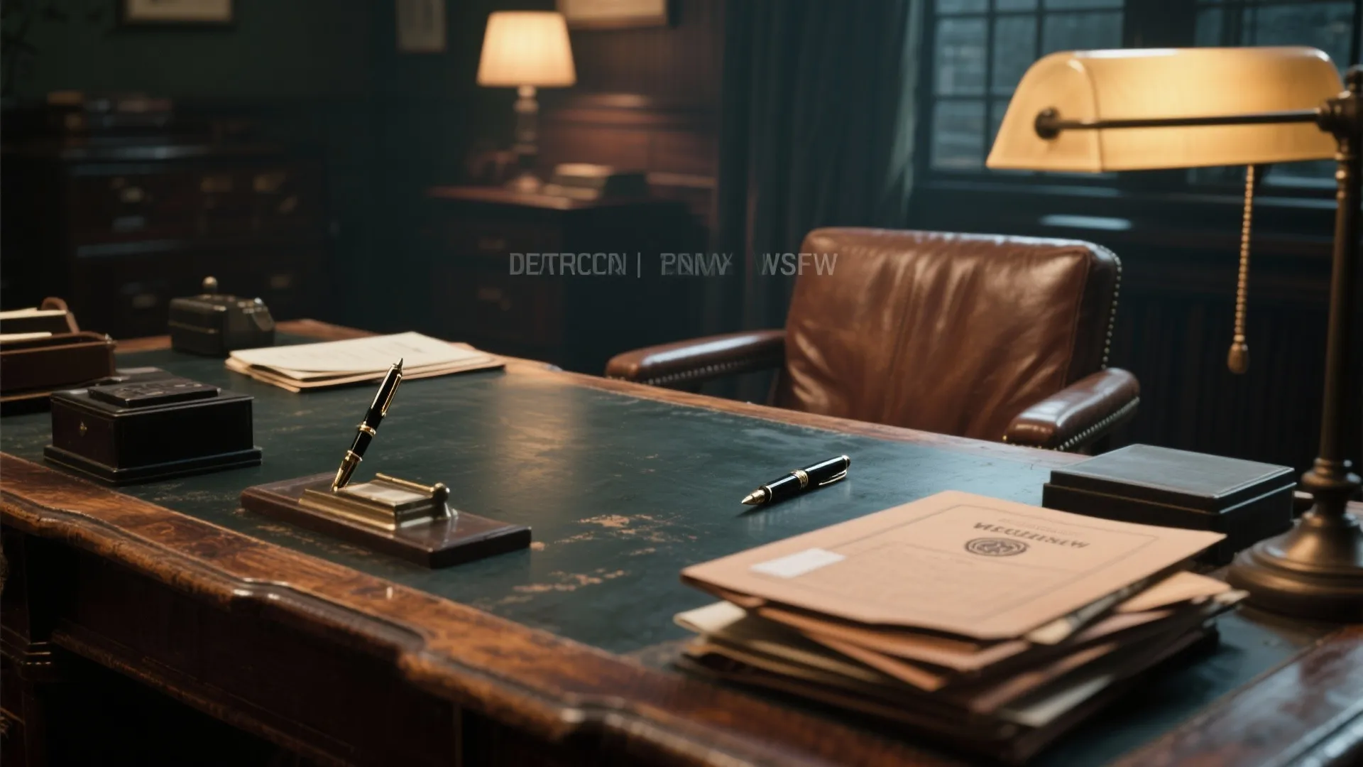 Classic wooden office desk with leather chair plus paper files and a green desk light