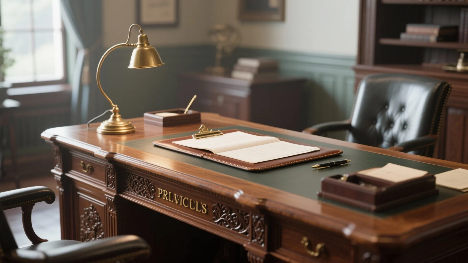 Classic wooden office desk featuring a brass table lamp notebook pen and black leather chair