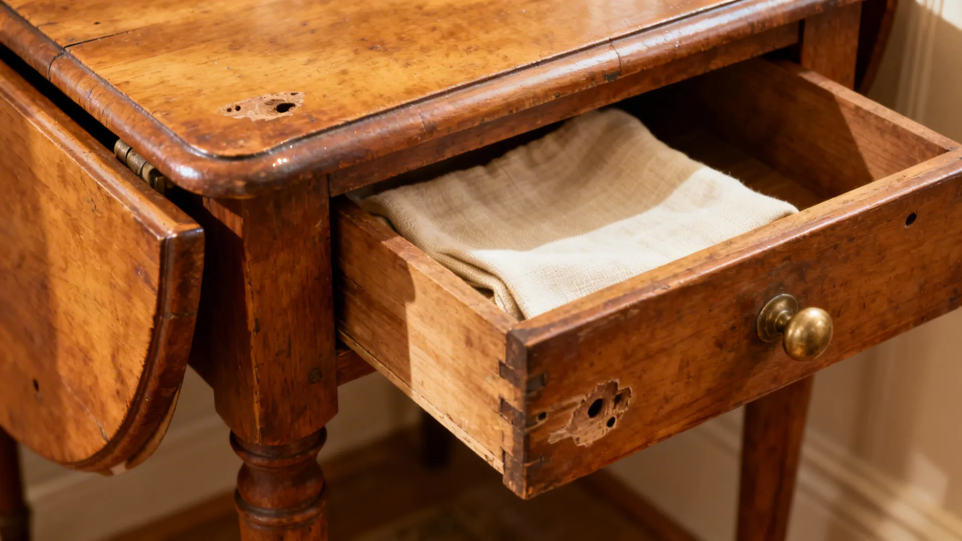 Close up of an open wooden drawer in a vintage cabinet showing a folded cloth