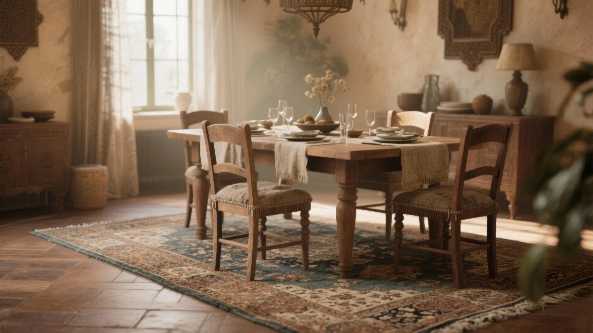 Rustic wooden dining table and chairs set on a vintage patterned rug with natural light