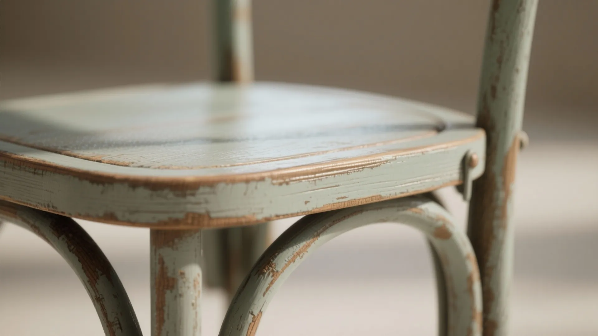 Detailed shot of a light blue wooden chair with a worn out and distressed look