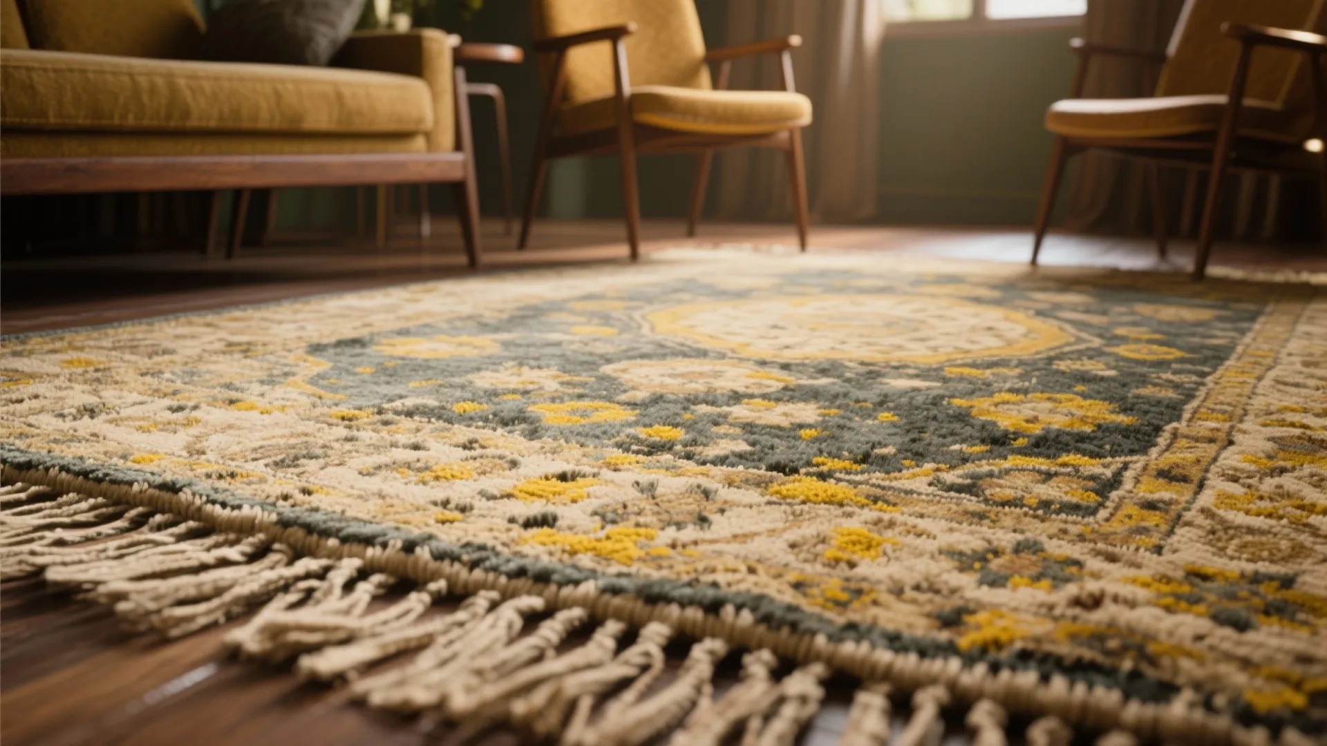 Distressed vintage-style rug with yellow highlights paired with mid-century chairs.