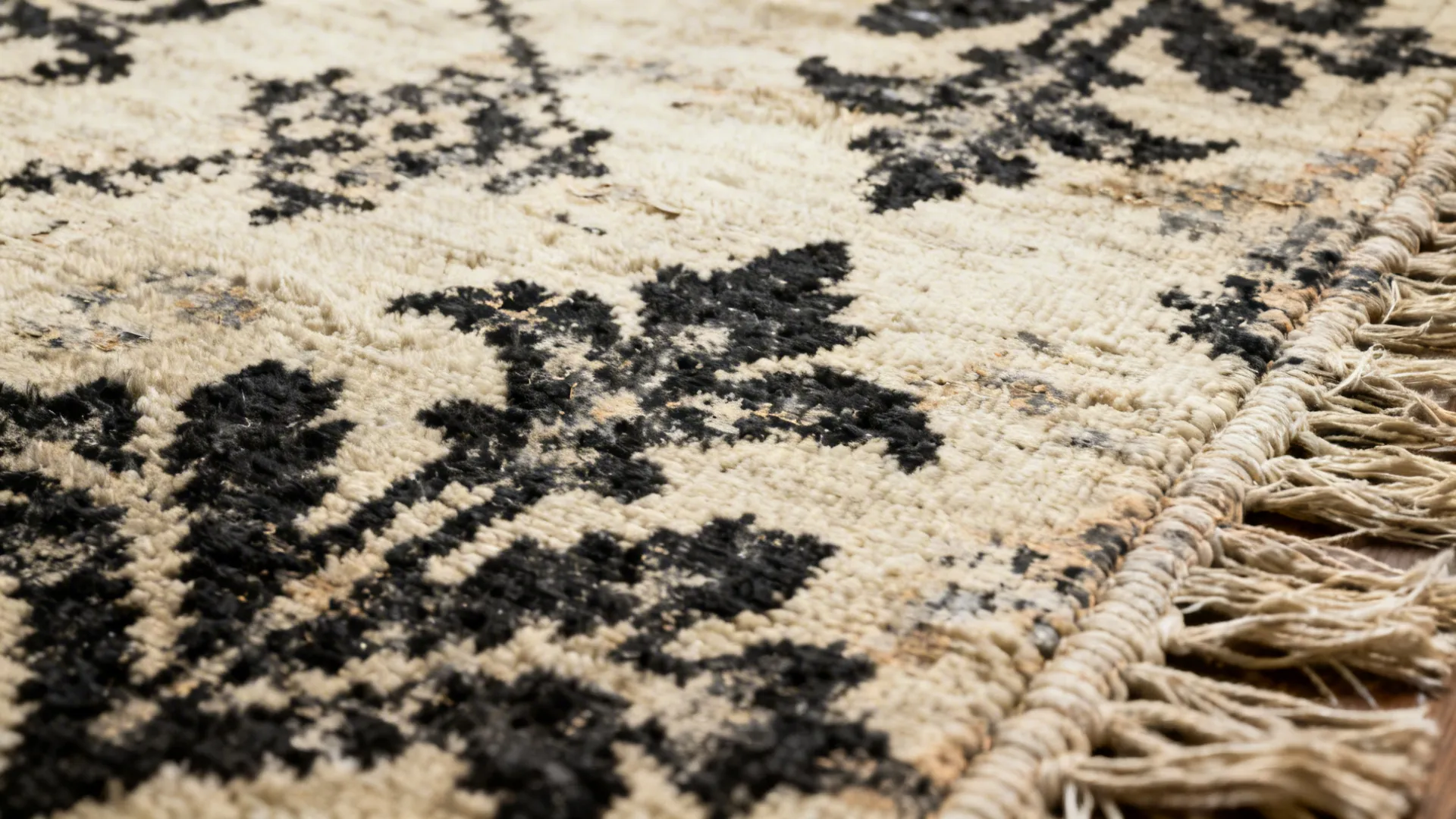 Close-up of a distressed black-and-cream rug showing faded motifs and soft worn texture.