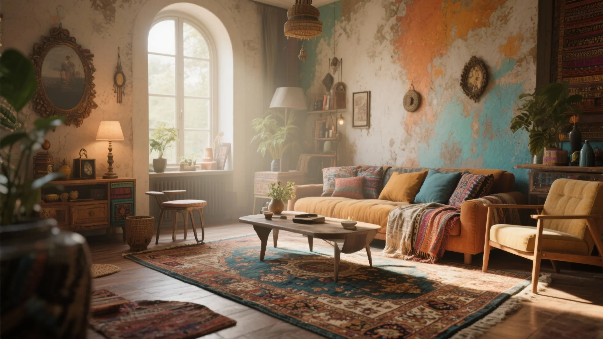 Eclectic living room with orange sofa vintage rug and sun light shining through a window