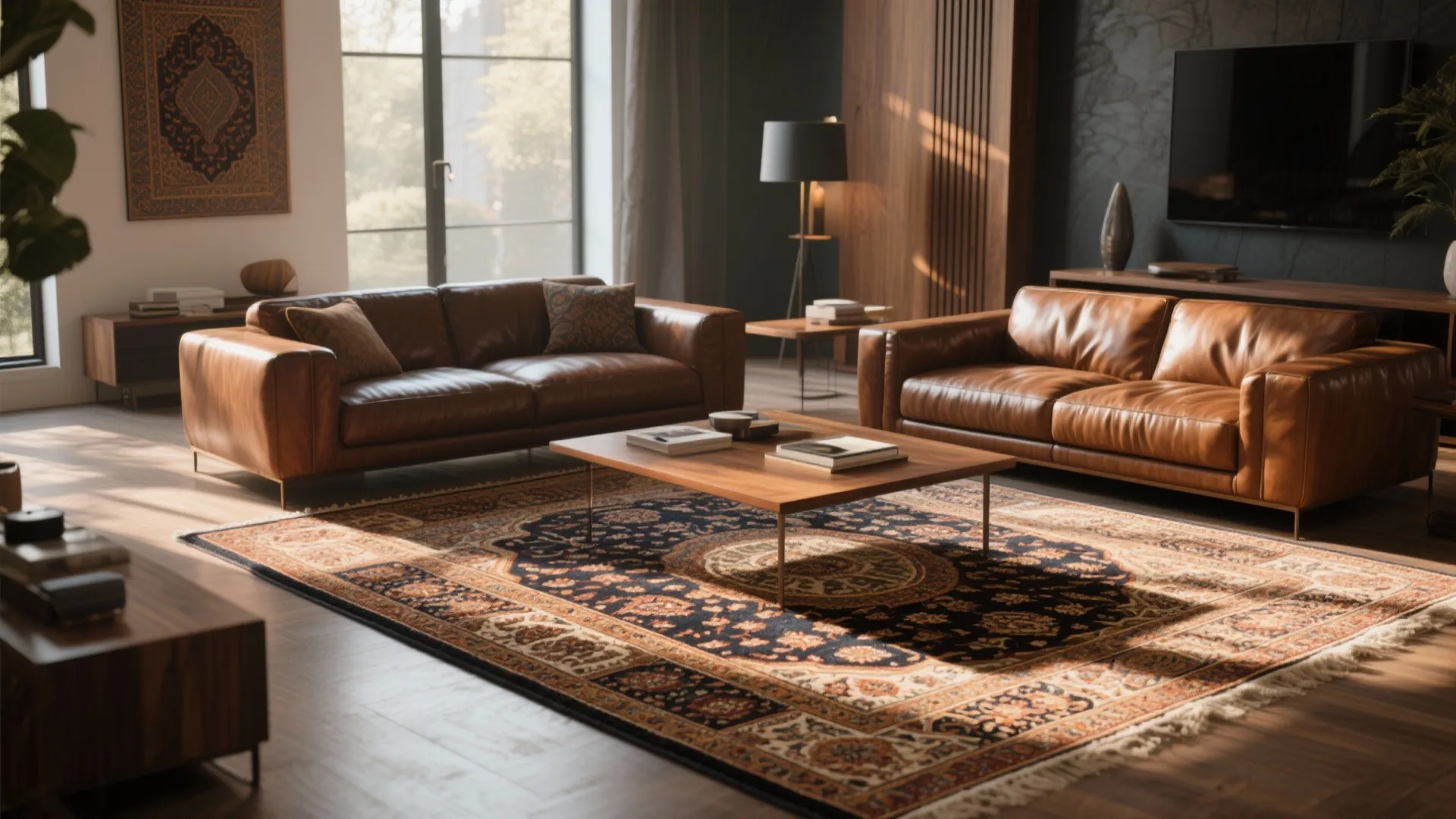 Modern living room with brown leather sofas wooden coffee table and large vintage patterned rug