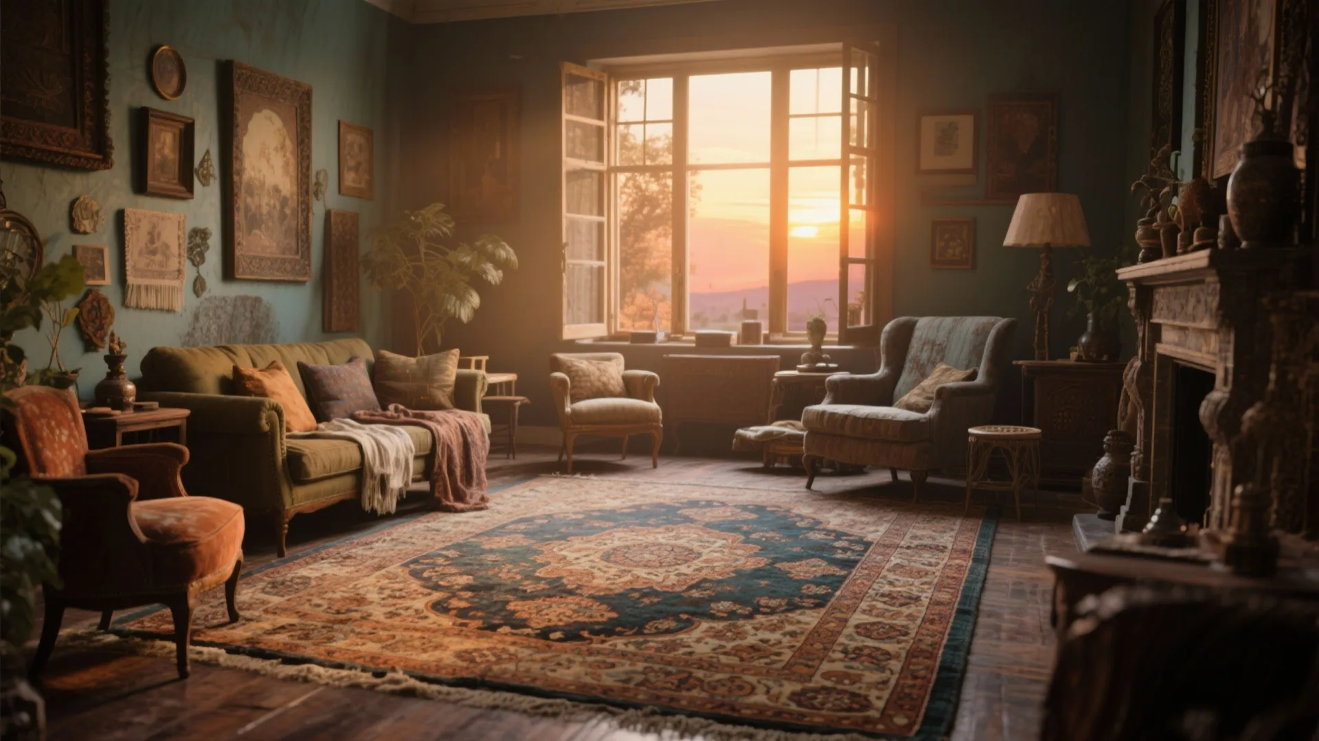 Vintage living room with patterned rug green sofa fireplace wall art and sunset through window