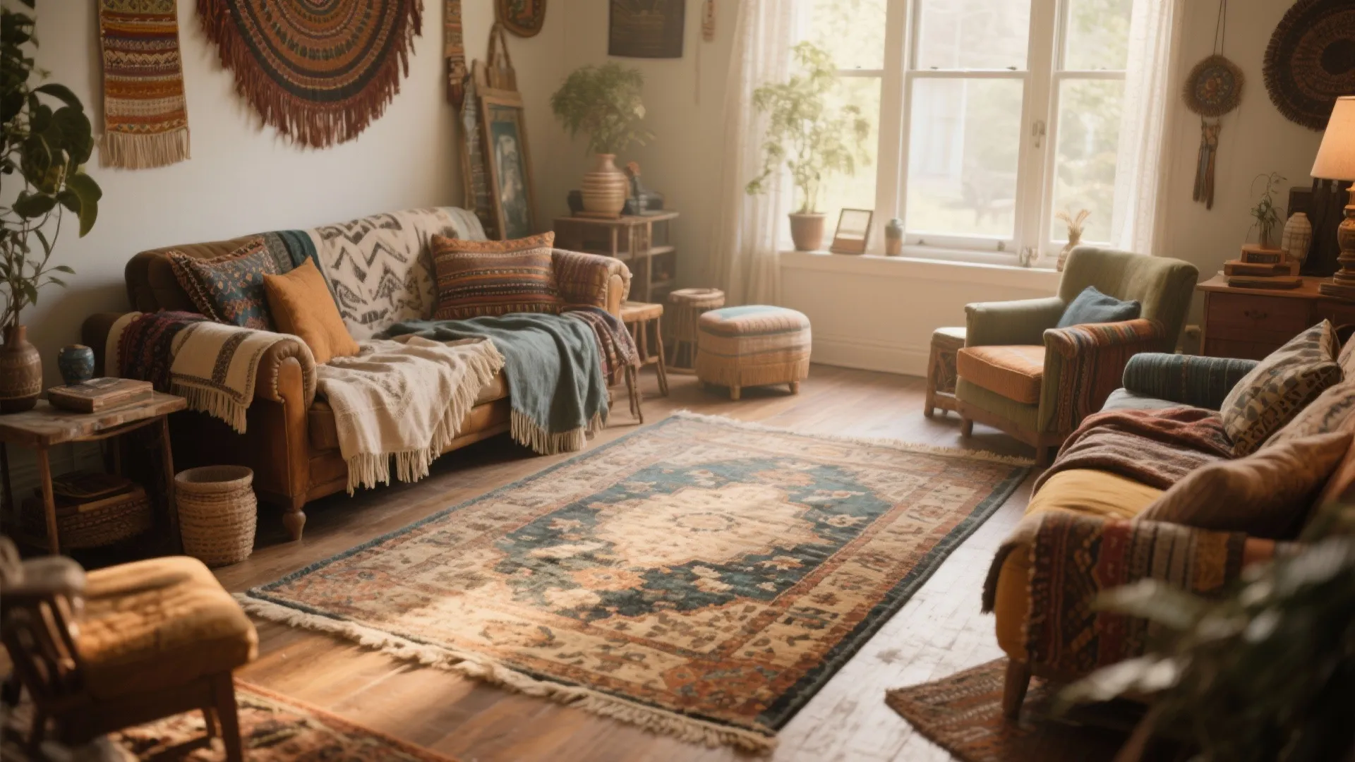 Eclectic bohemian living room with distressed vintage rug