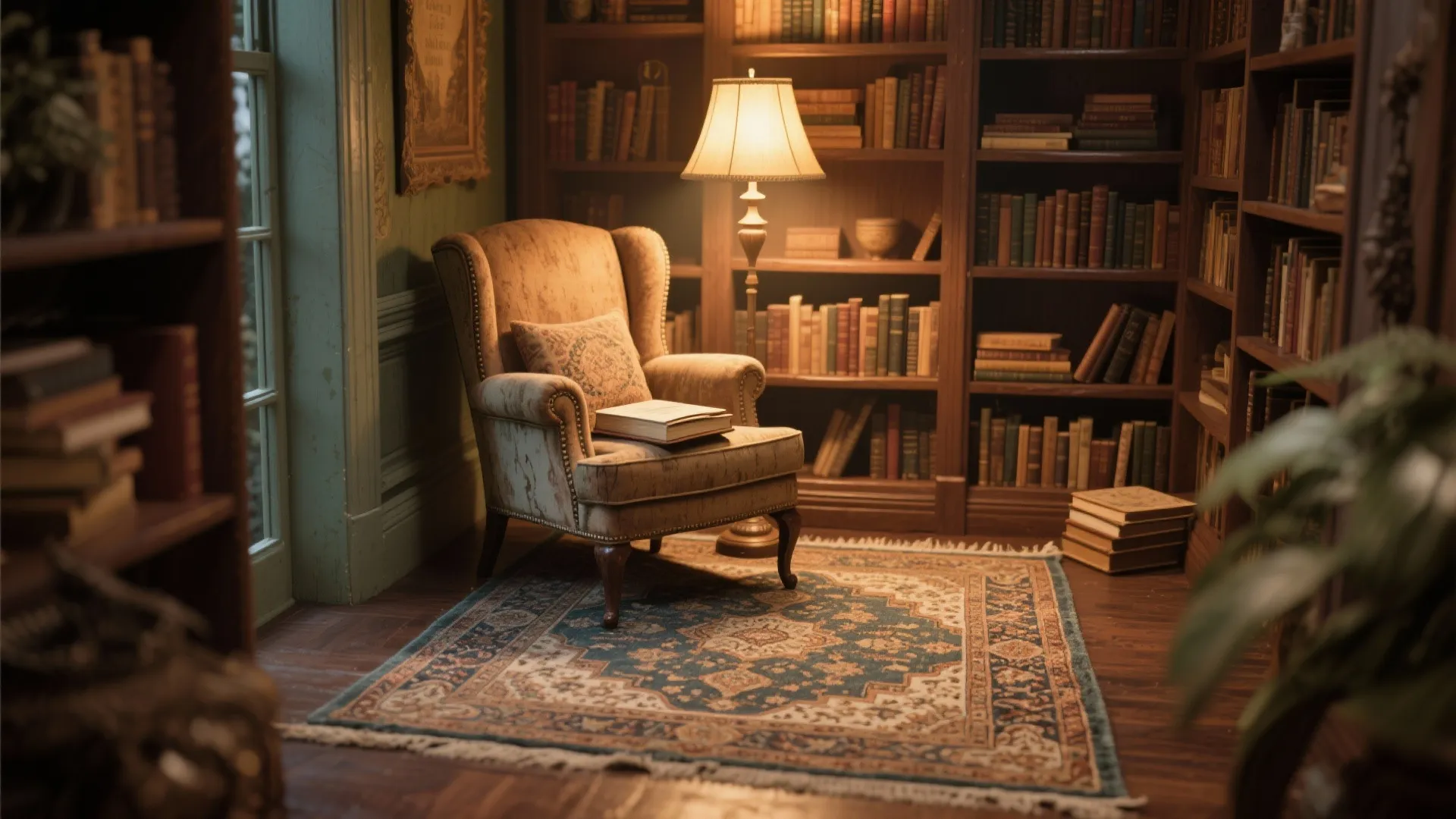 Cozy home library with wooden bookshelves, floor light, comfortable armchair, and vintage blue pattern rug