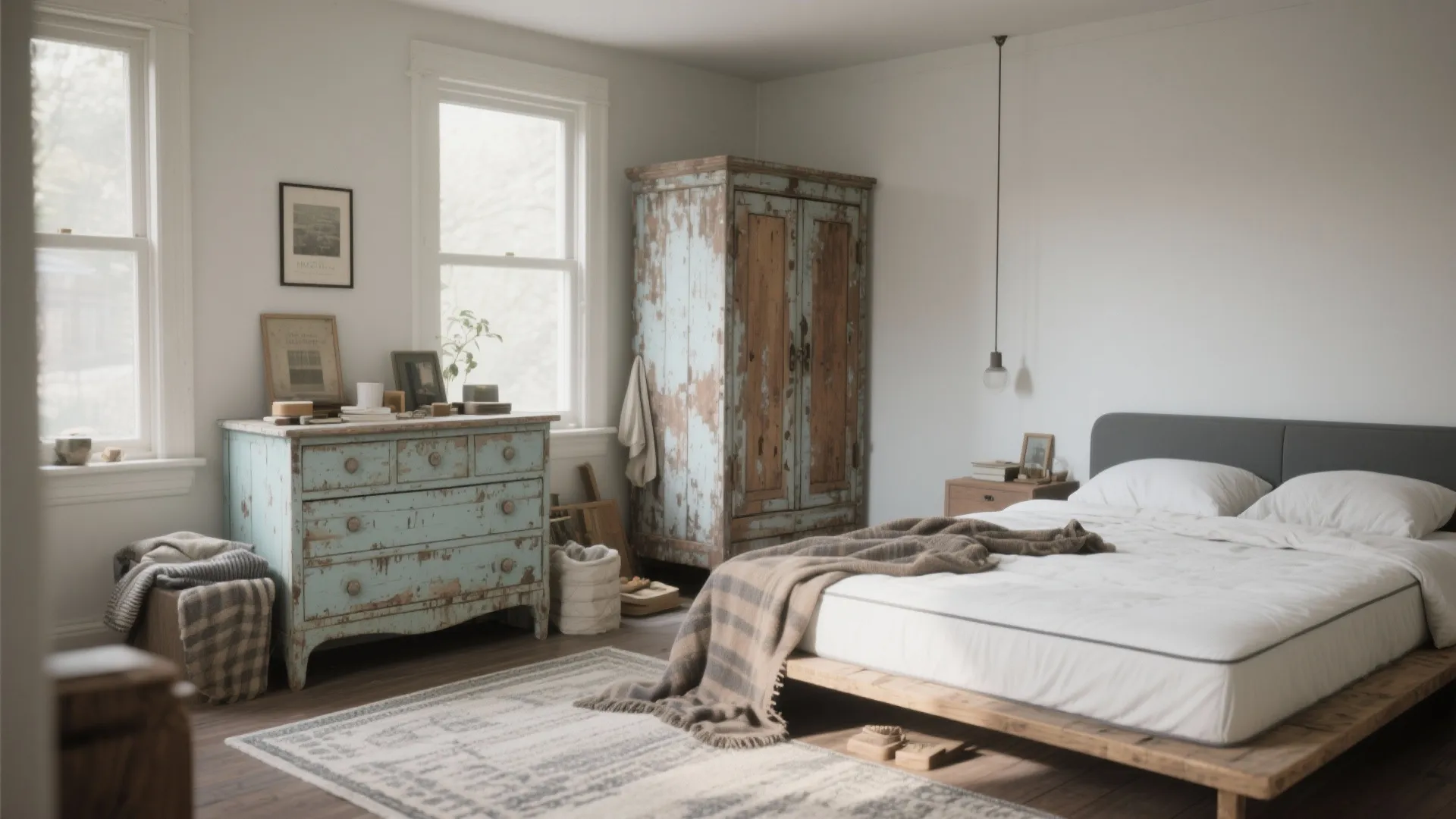 Rustic bedroom featuring weathered blue cabinet and wooden bed with bright natural light from windows