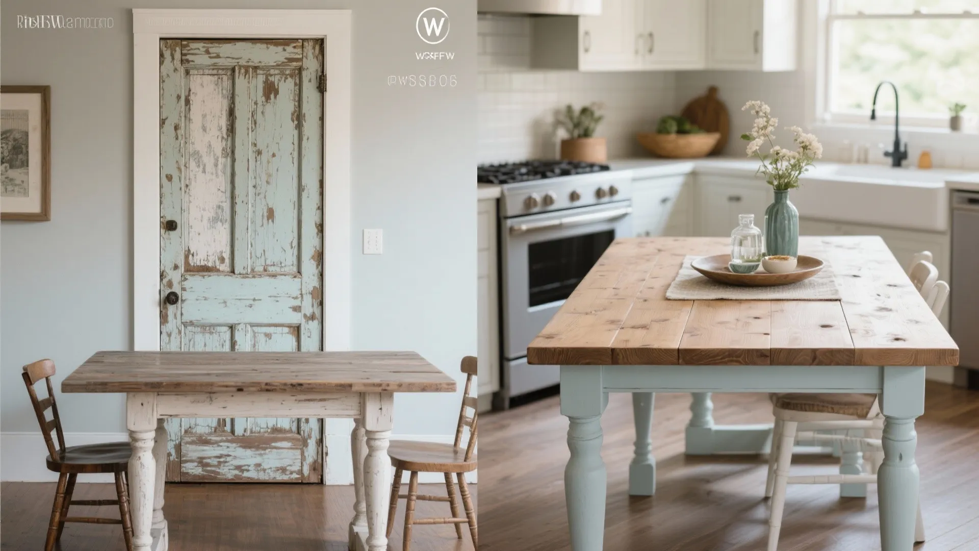Before and after comparison of a rustic vintage table and a restored light blue kitchen table