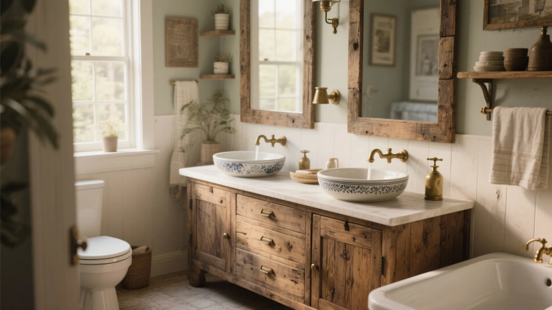 Vintage wooden dresser converted into a double sink vanity