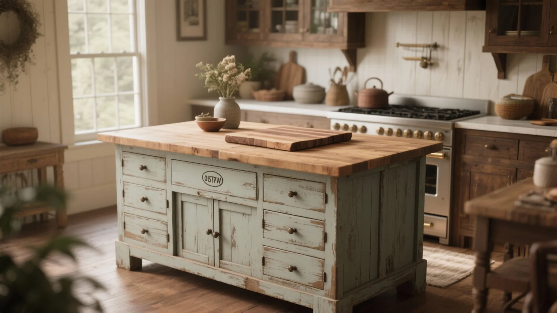 Vintage light blue kitchen island with wooden countertop in rustic kitchen with stove and cabinets