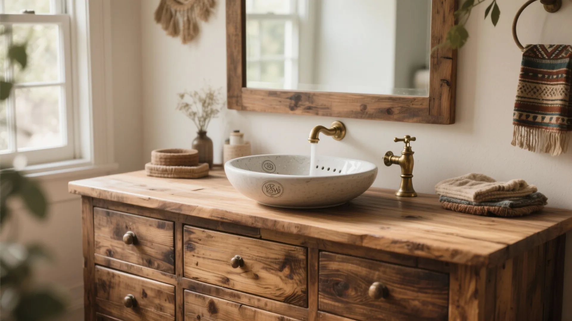 Rustic wood cabinet with white round sink brass faucet large mirror and warm natural light