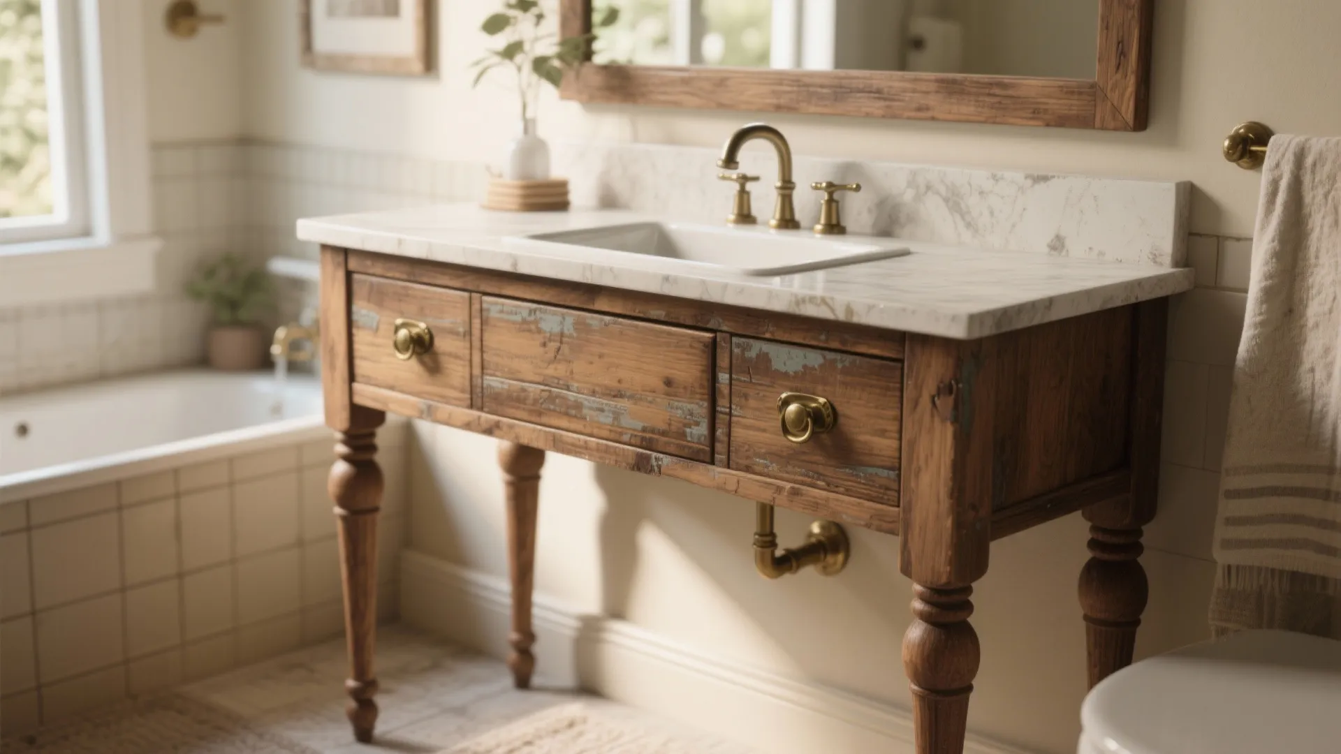 Vintage wood bathroom cabinet with white marble top sink and gold faucet in rustic bathroom
