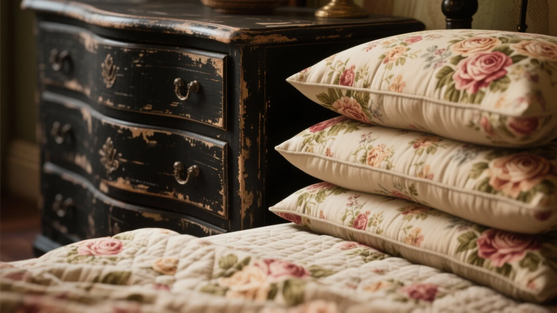 4. Vintage Eclectic: Rose Prints and Painted Black Furniture