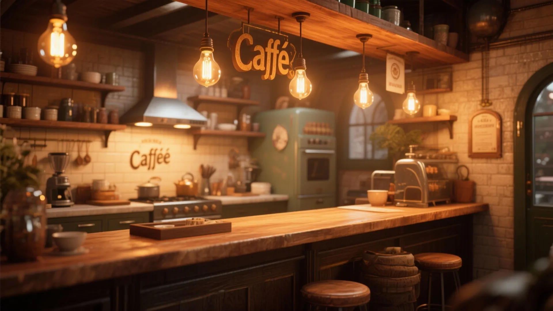 Vintage style kitchen interior with wooden counter stools and warm hanging ceiling light bulbs design