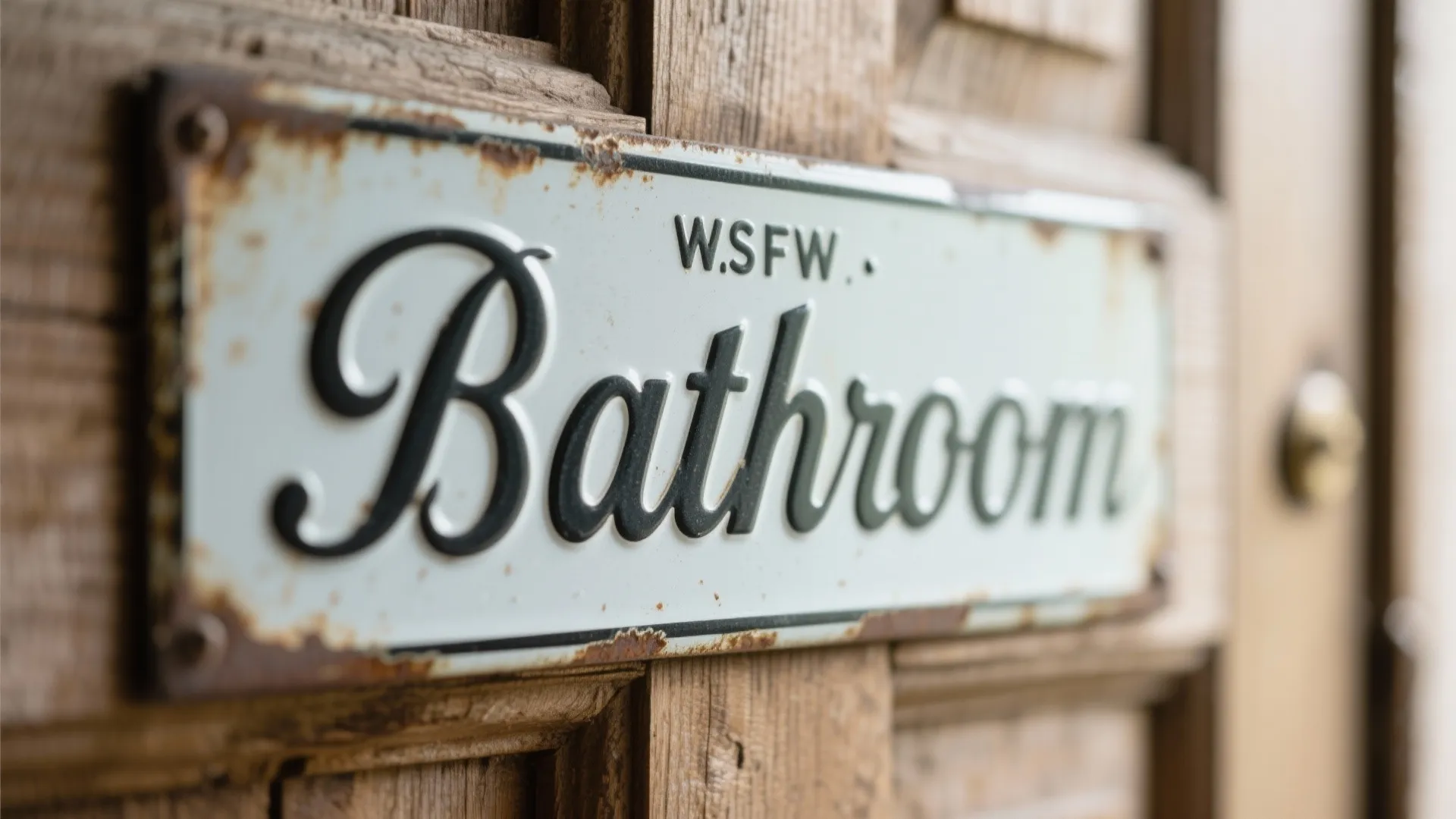 Vintage enamel bathroom sign plate with cursive script on wooden door