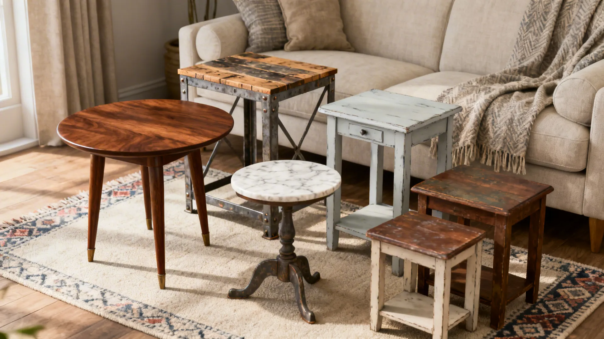 Various small side tables in wood and marble placed on a rug near a sofa