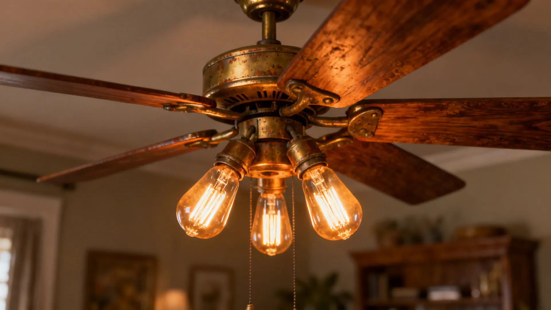 4. Vintage-style fan with exposed bulbs for character
