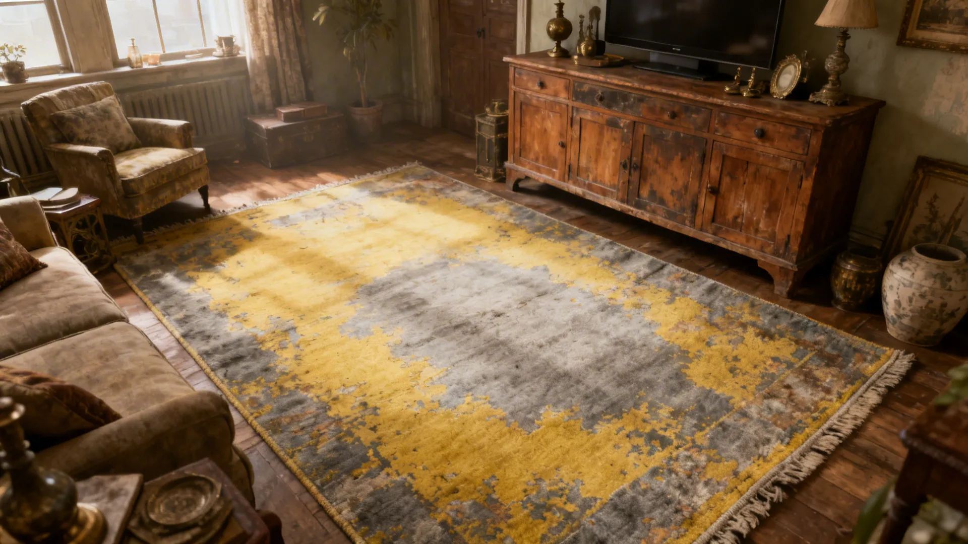 Living room with a distressed faded yellow-and-gray vintage-style rug and warm wooden accents
