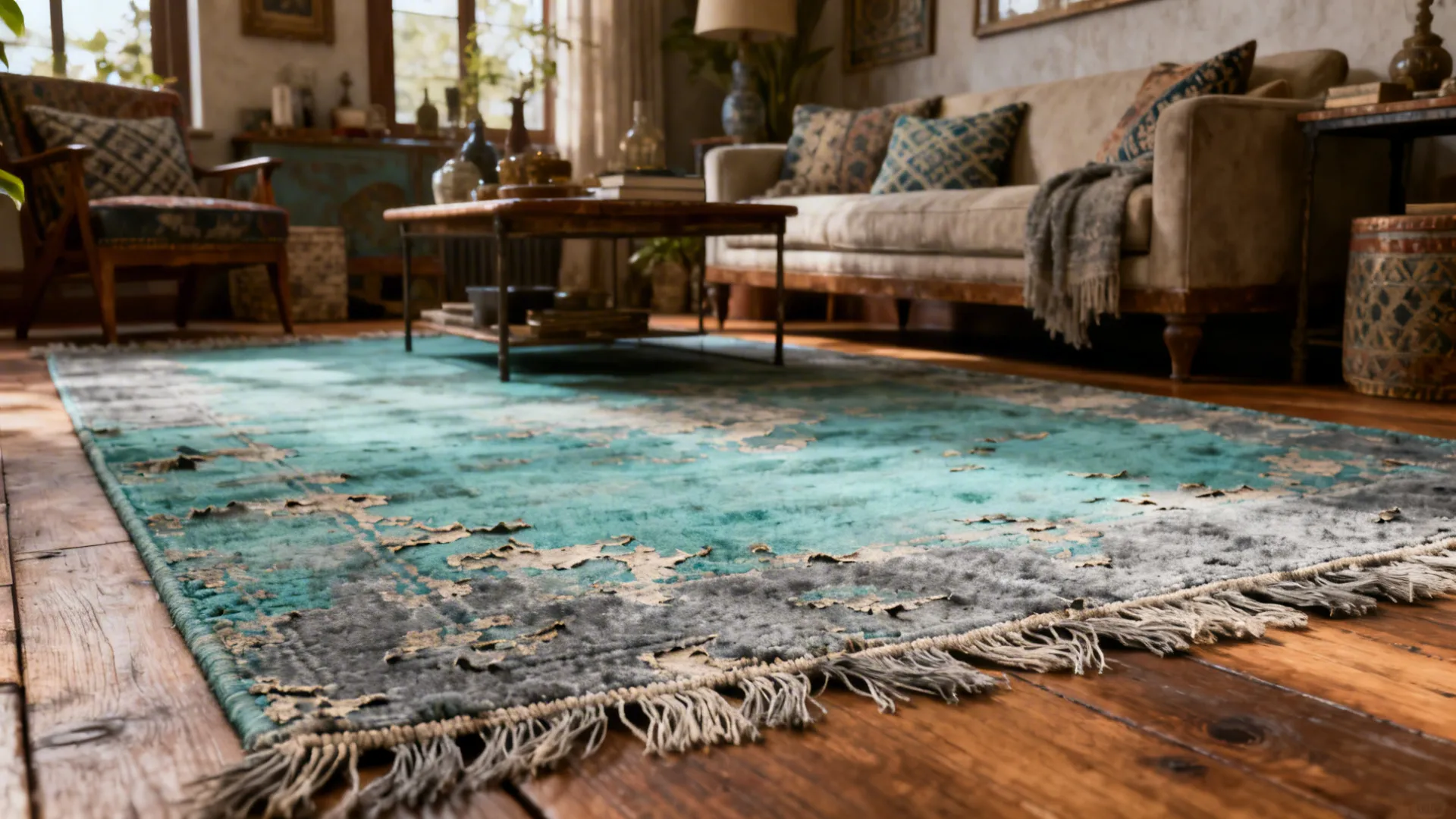 Curated living room with a faded vintage teal and grey rug and warm wood accents.