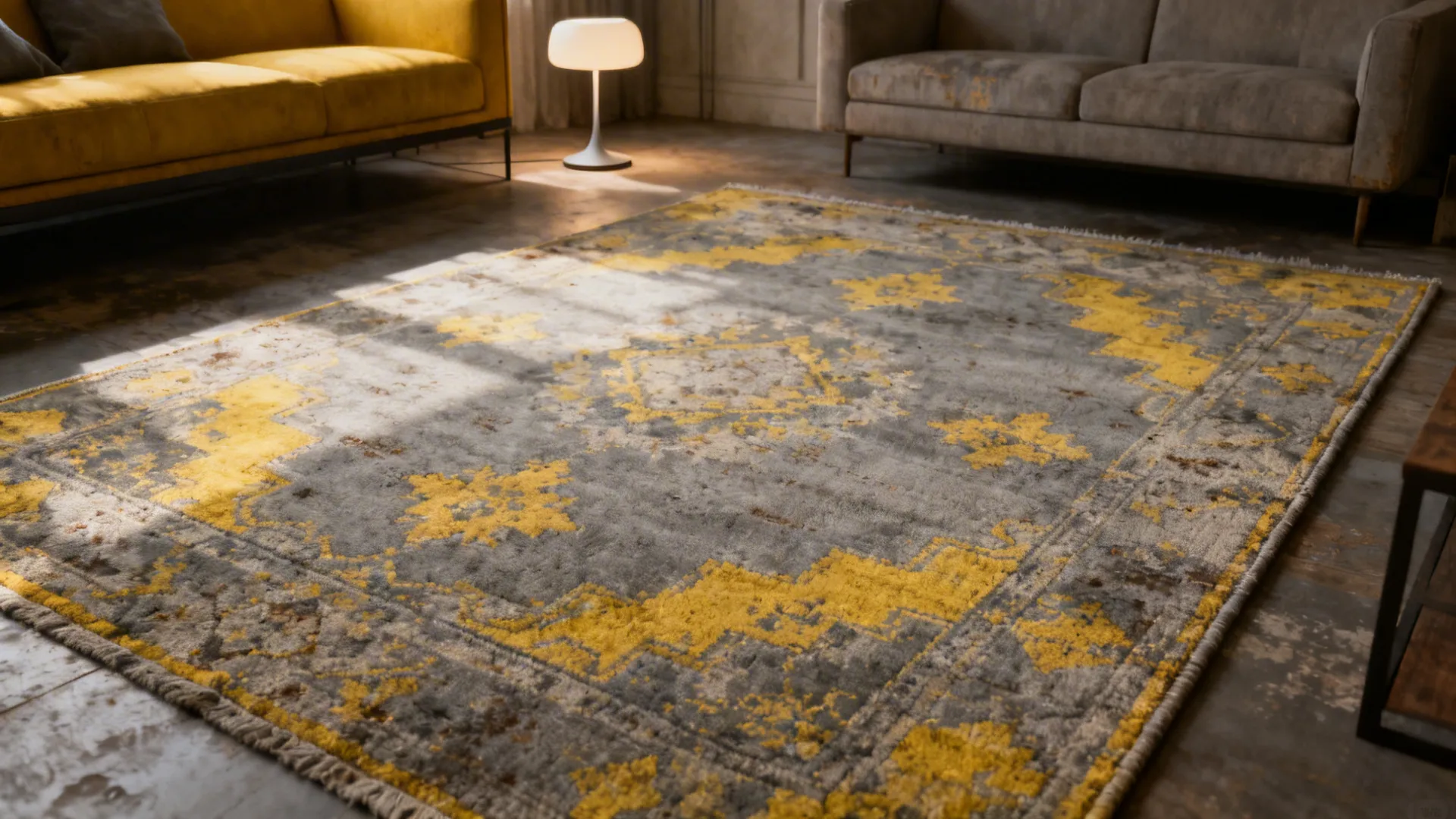 Living room with a patterned vintage rug with faded yellow highlights and a gray field