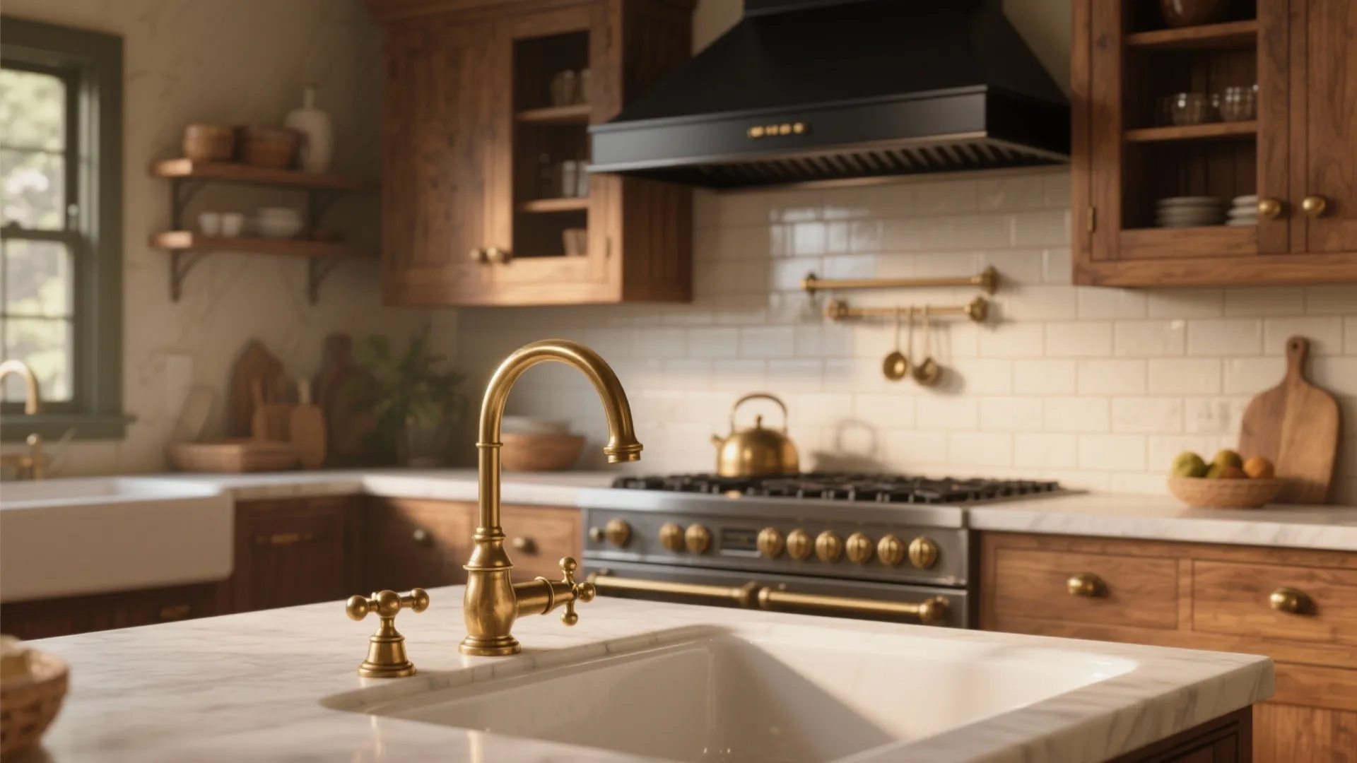 Classic gold water faucet on marble island in rustic kitchen with wood cabinets and stove