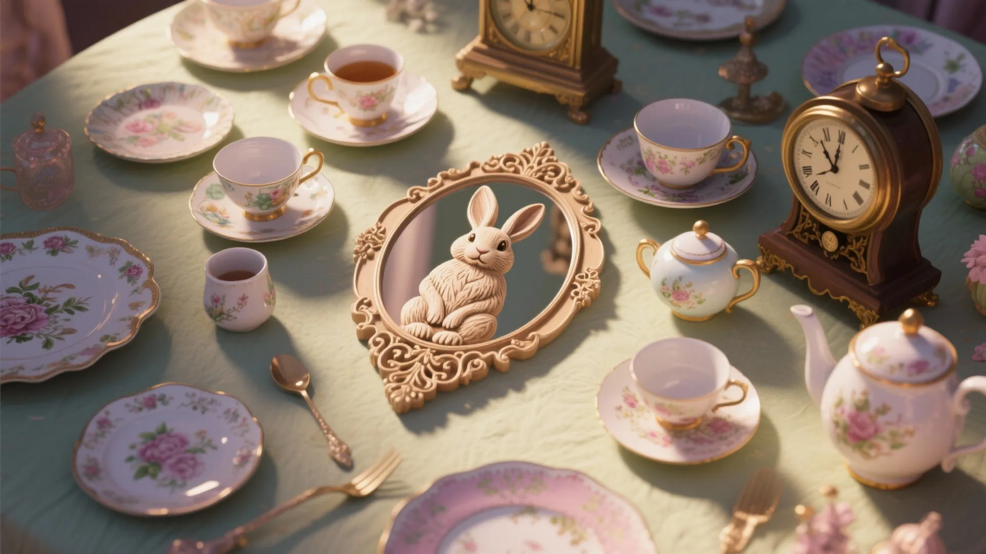 Flat lay of antique tea sets, rabbit mirror, and old clocks