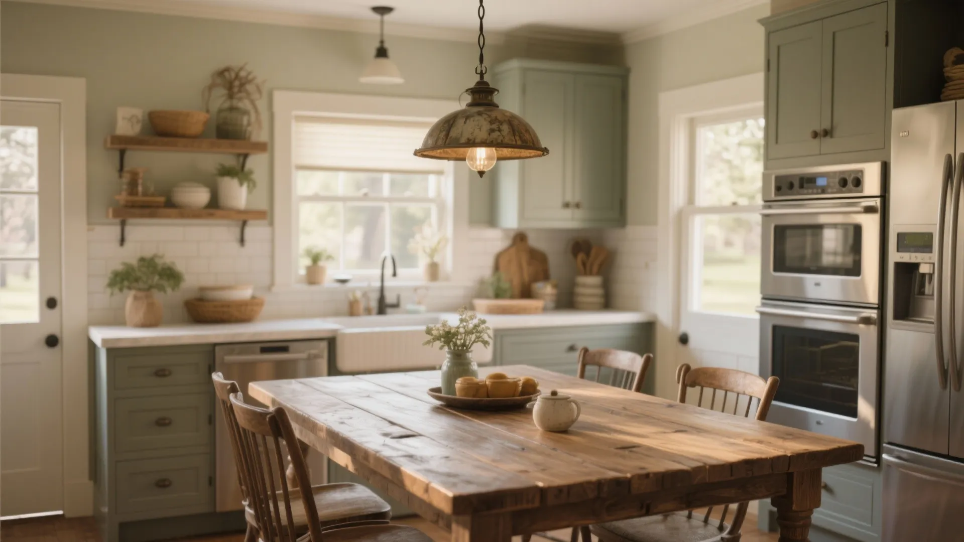 Rustic kitchen featuring wooden dining table green cabinets vintage ceiling light and stainless steel appliances